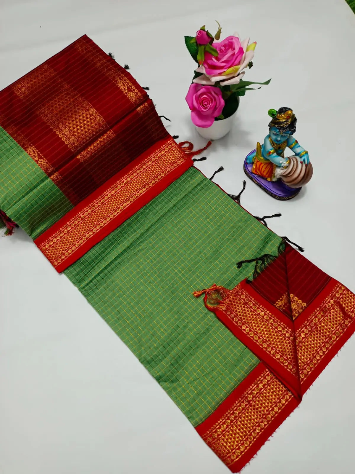 Green and red - Premium Checked Cotton Silk Saree with Contrast Blouse