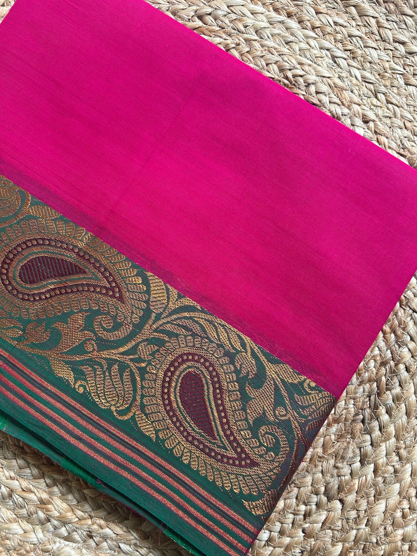 Magenta Pink & Forest Green Handloom Silk Cotton Saree with Gold Zari Paisley Border