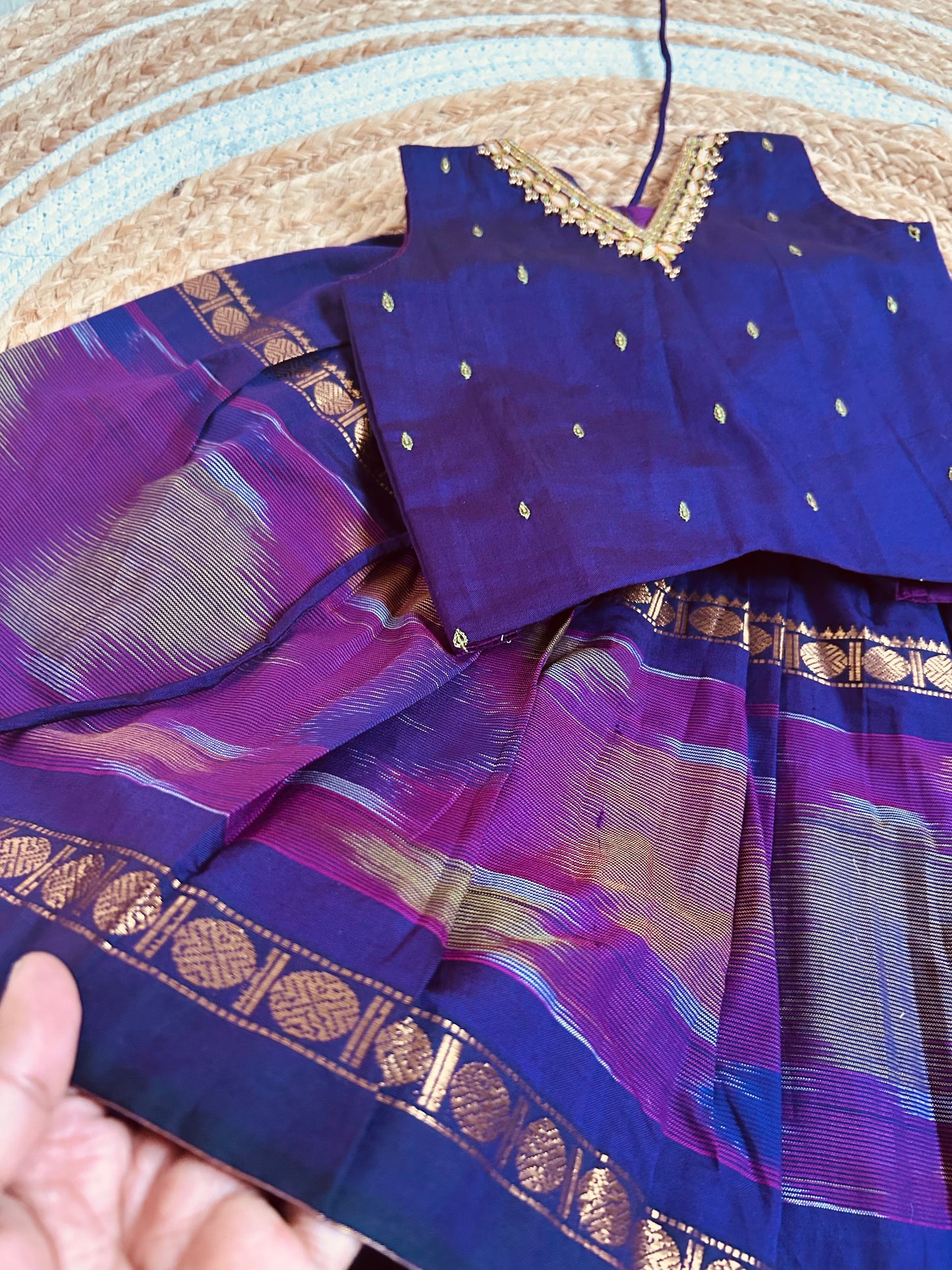 Pochampally border purple kanchi silk cotton sleeveless heritage langa blouse for baby girl