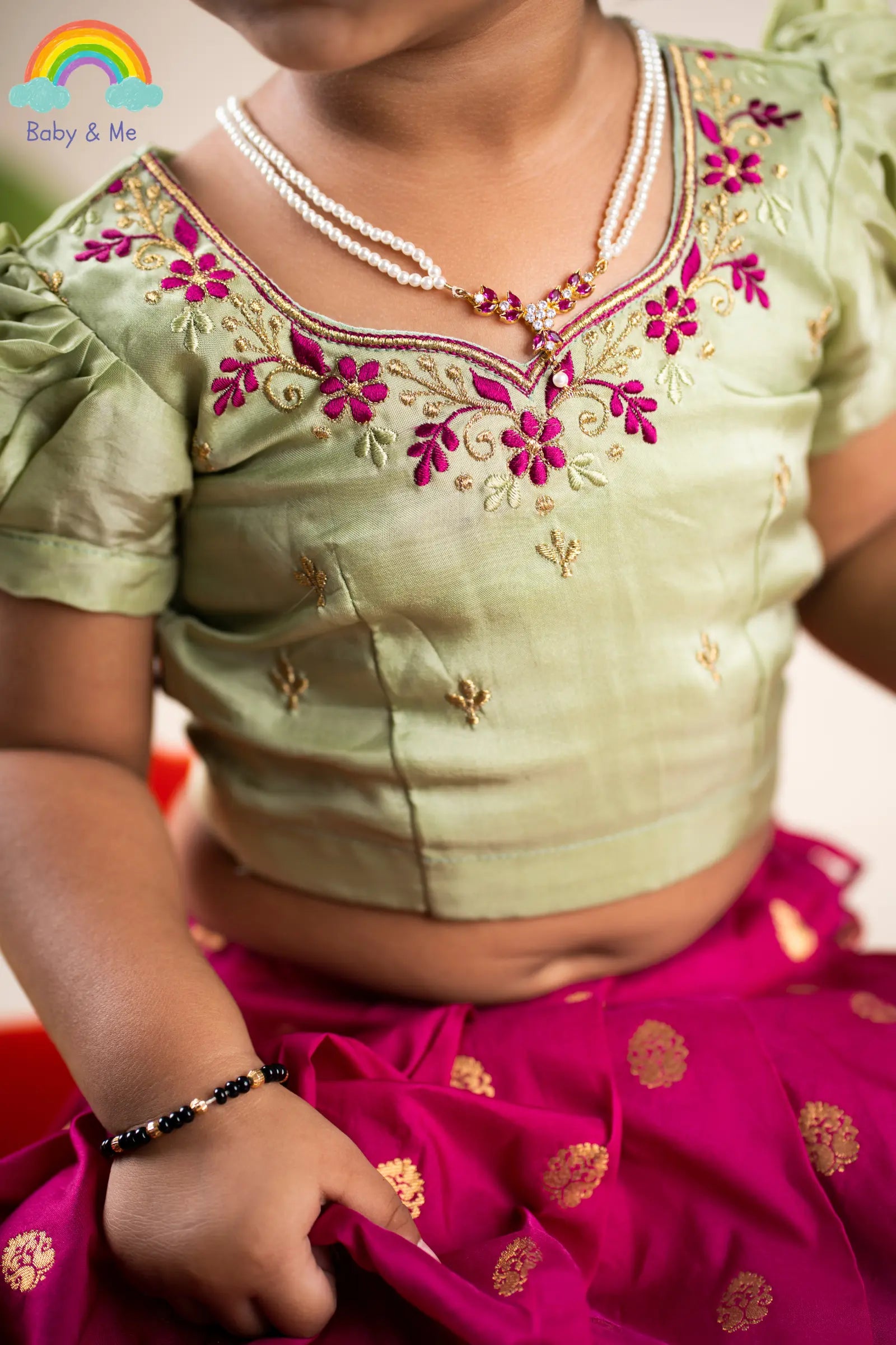 Pista green with pink silk south indian ethnic wear langa blouse for baby girl