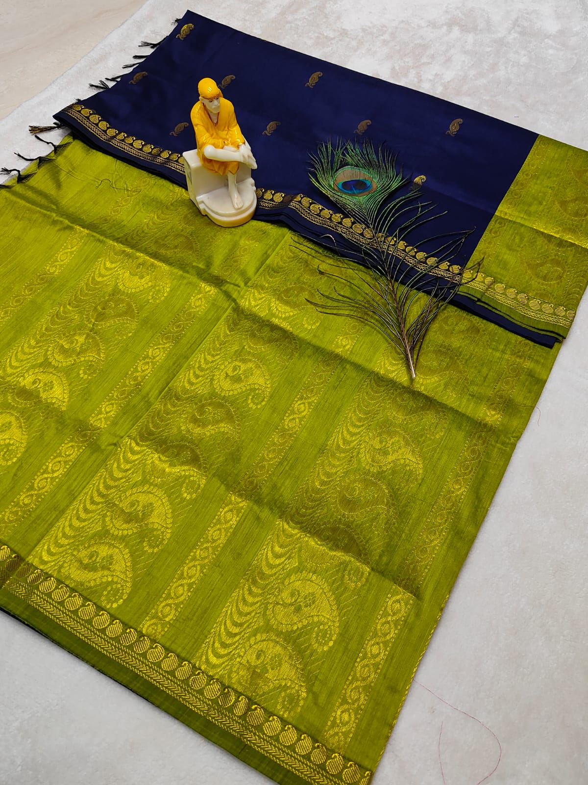 Navy blue with parrot green - Premium Cotton Silk Saree with Contrast Blouse