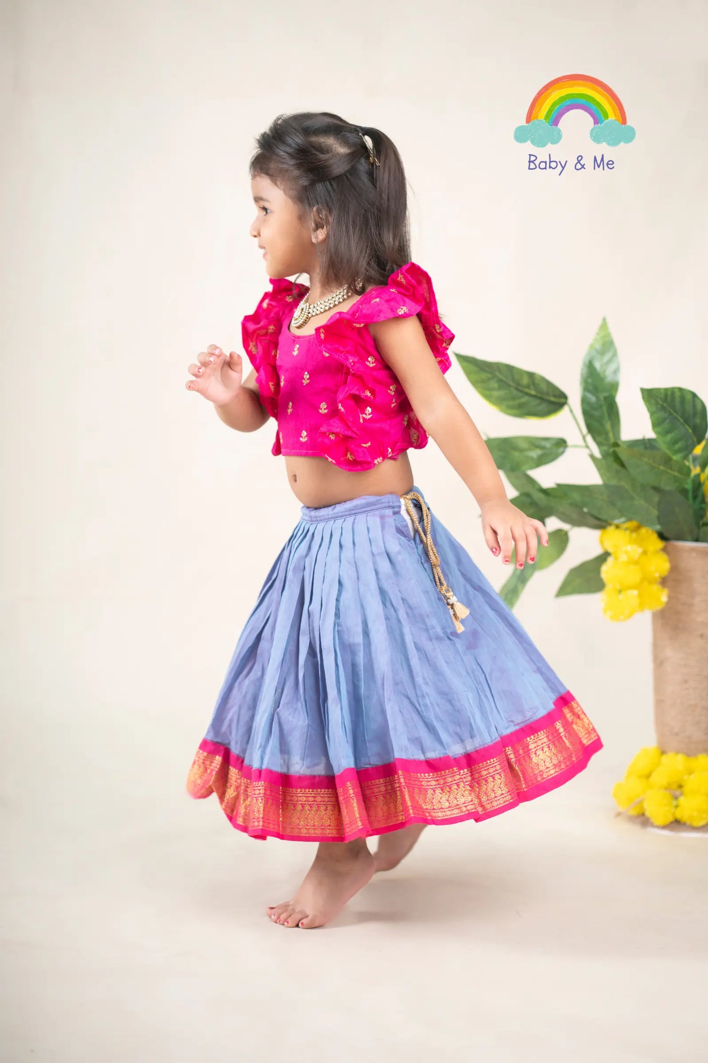 Hot pink ruffle sleeves blouse with unicorn langa - lehenga ethnic traditional wear for baby girl