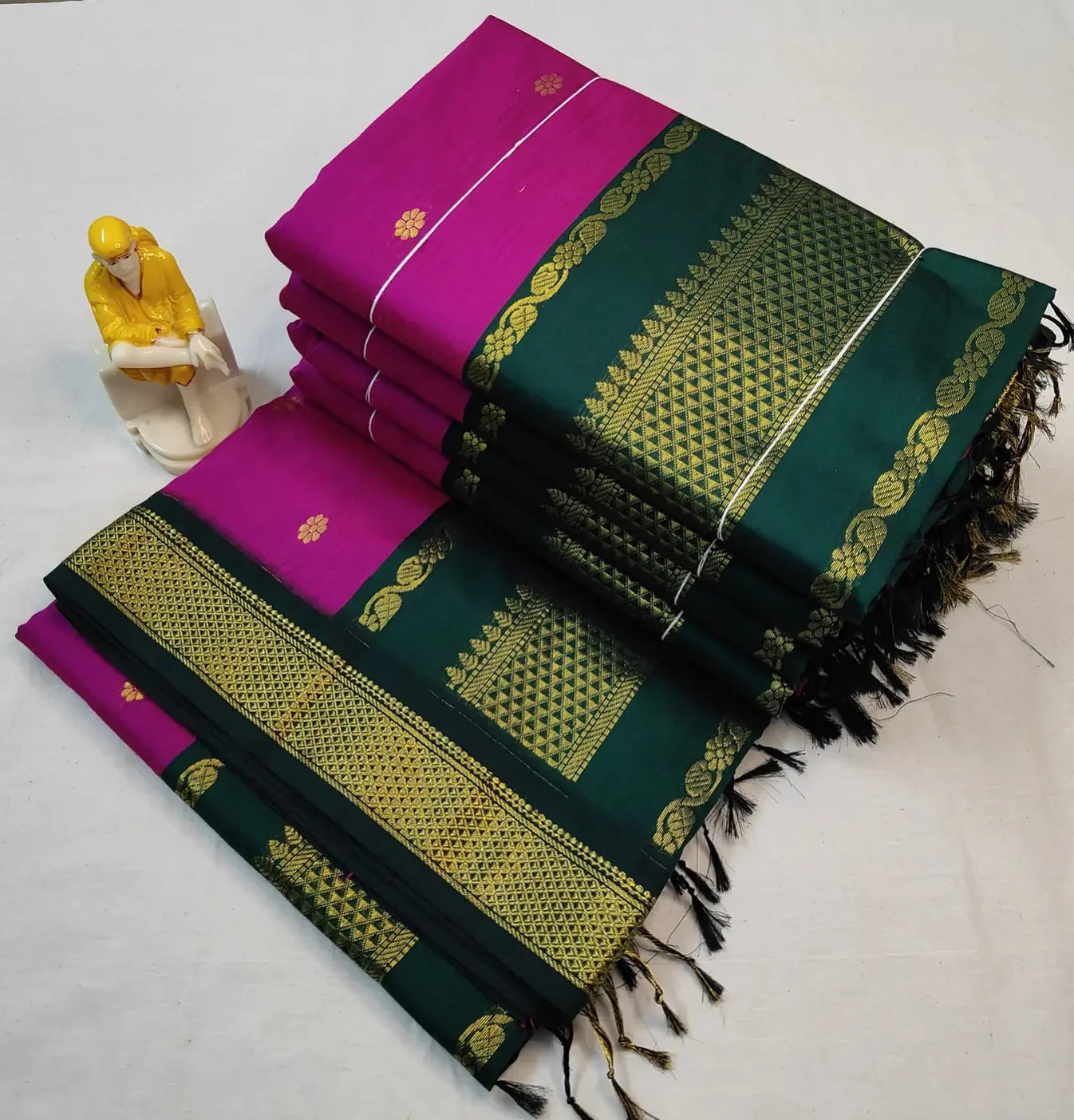 Traditional Pink and Bottle Green - Premium Cotton Silk Saree with Contrast Blouse