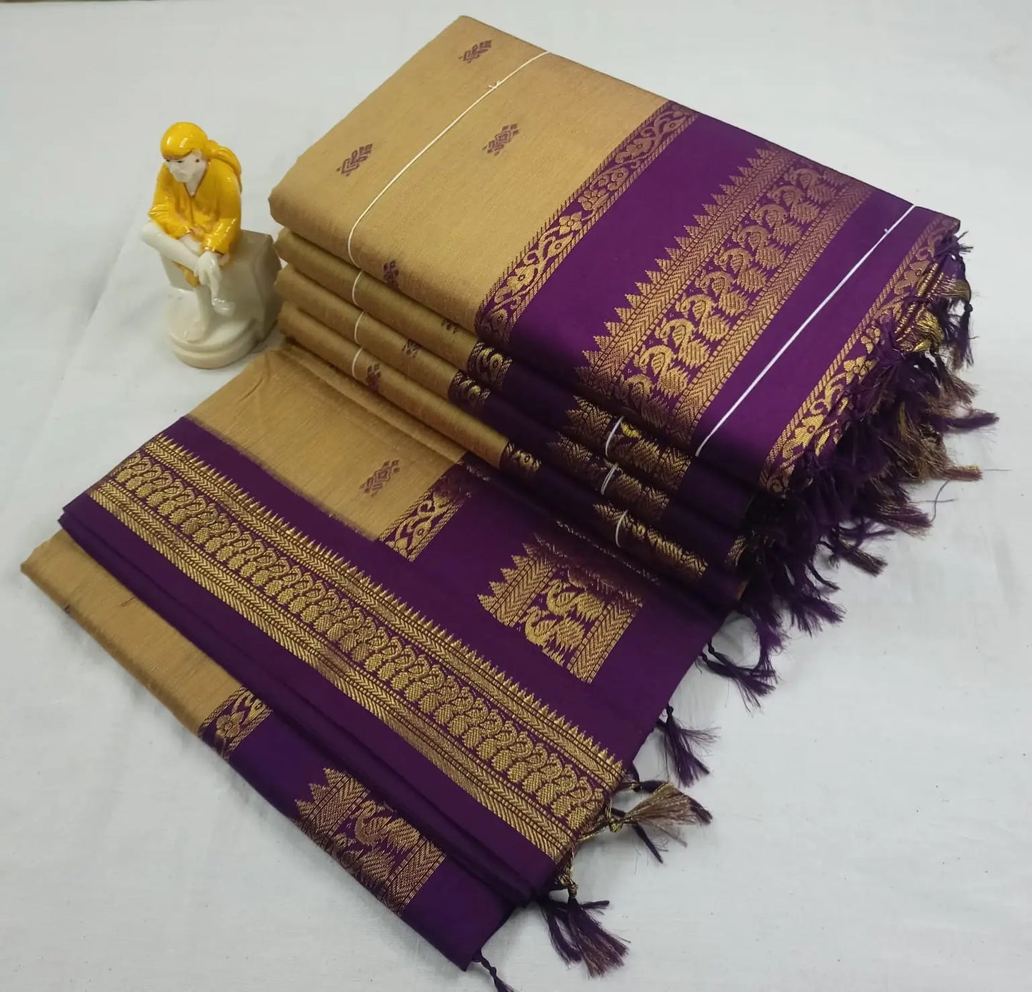 Golden hour with wine - Premium Cotton Silk Saree with Contrast Blouse