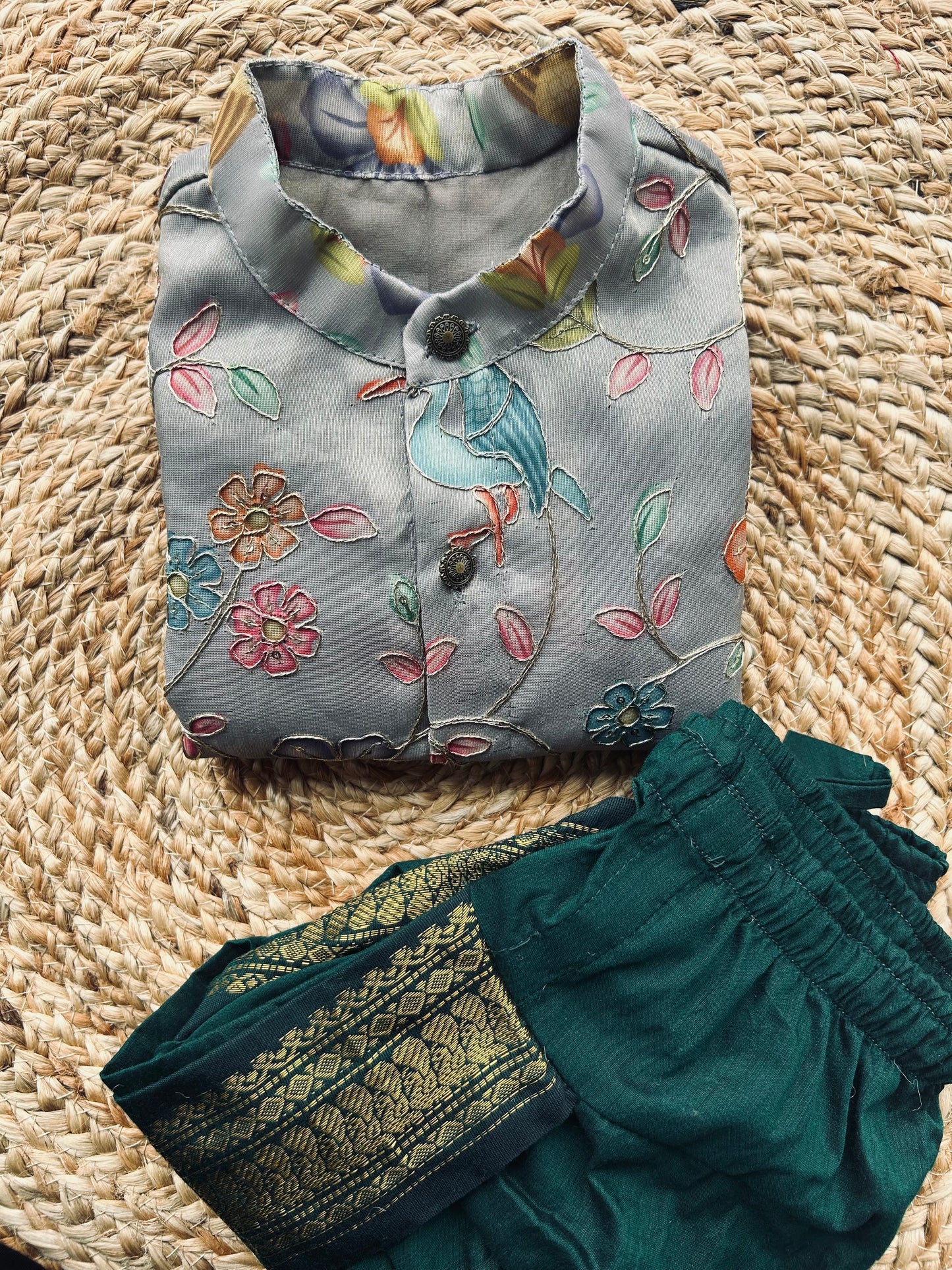 Floral Embroidered kurta with green dhoti comfortable ethnic wear for baby boy