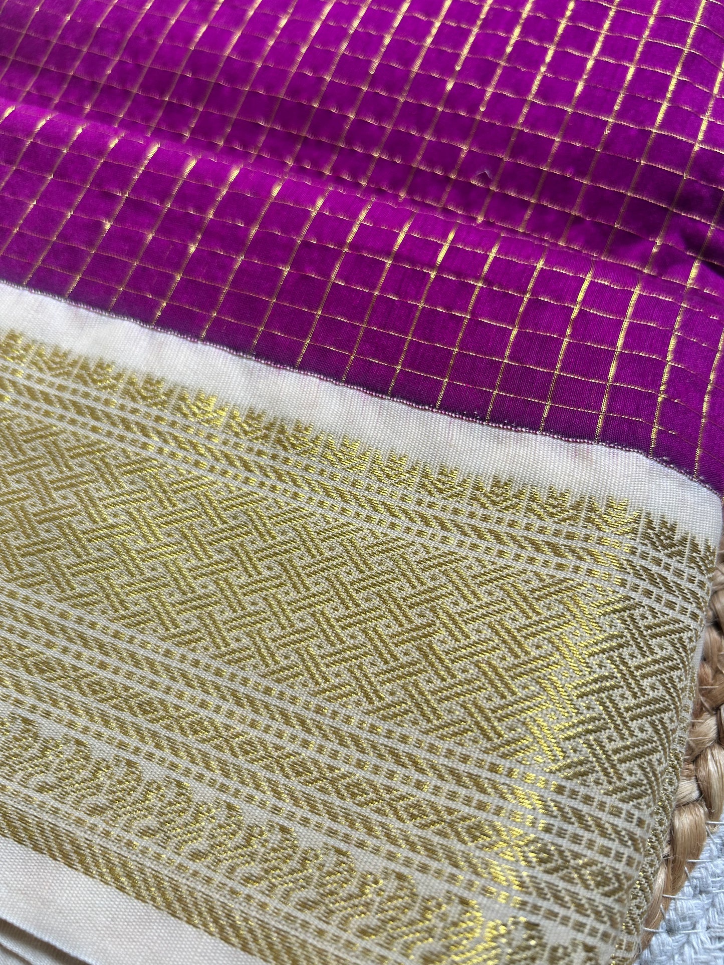 Magenta & Ivory Handloom Silk Cotton Saree with Gold Zari Border