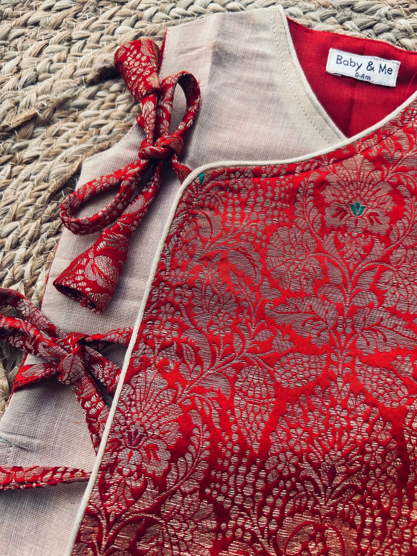 Red Banarasi angrakha with gold tissue dhoti comfortable ethnic wear for baby boy