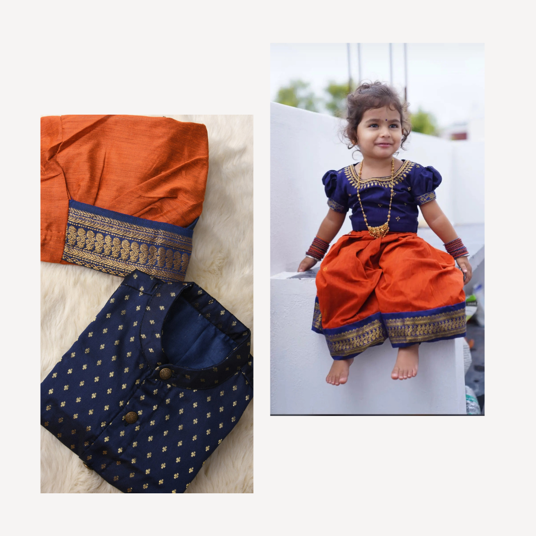 Rusty Orange and navy blue sibling combo - ethnic wear for bro and sis twinning set