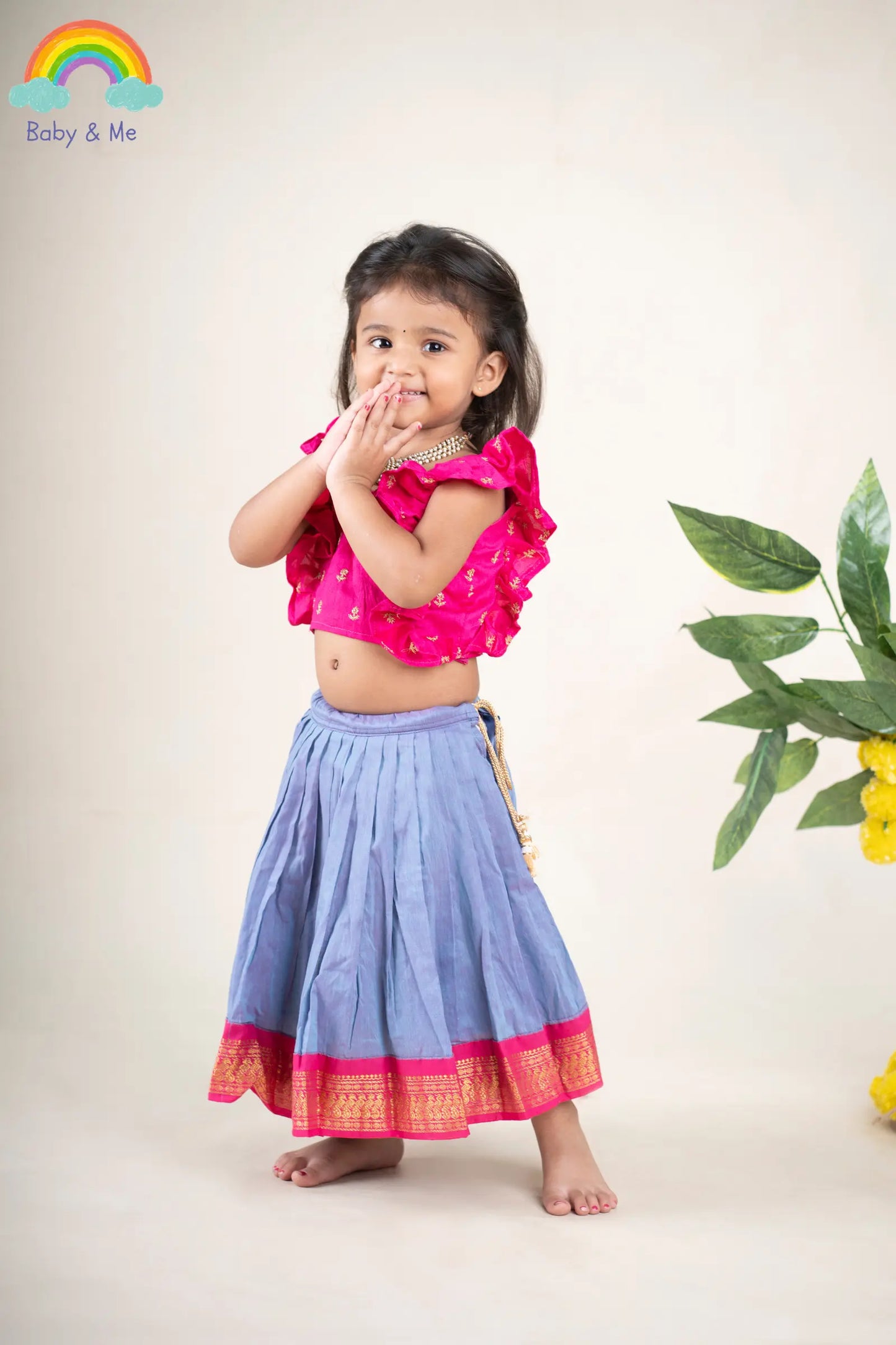 Hot pink ruffle sleeves blouse with unicorn langa - lehenga ethnic traditional wear for baby girl