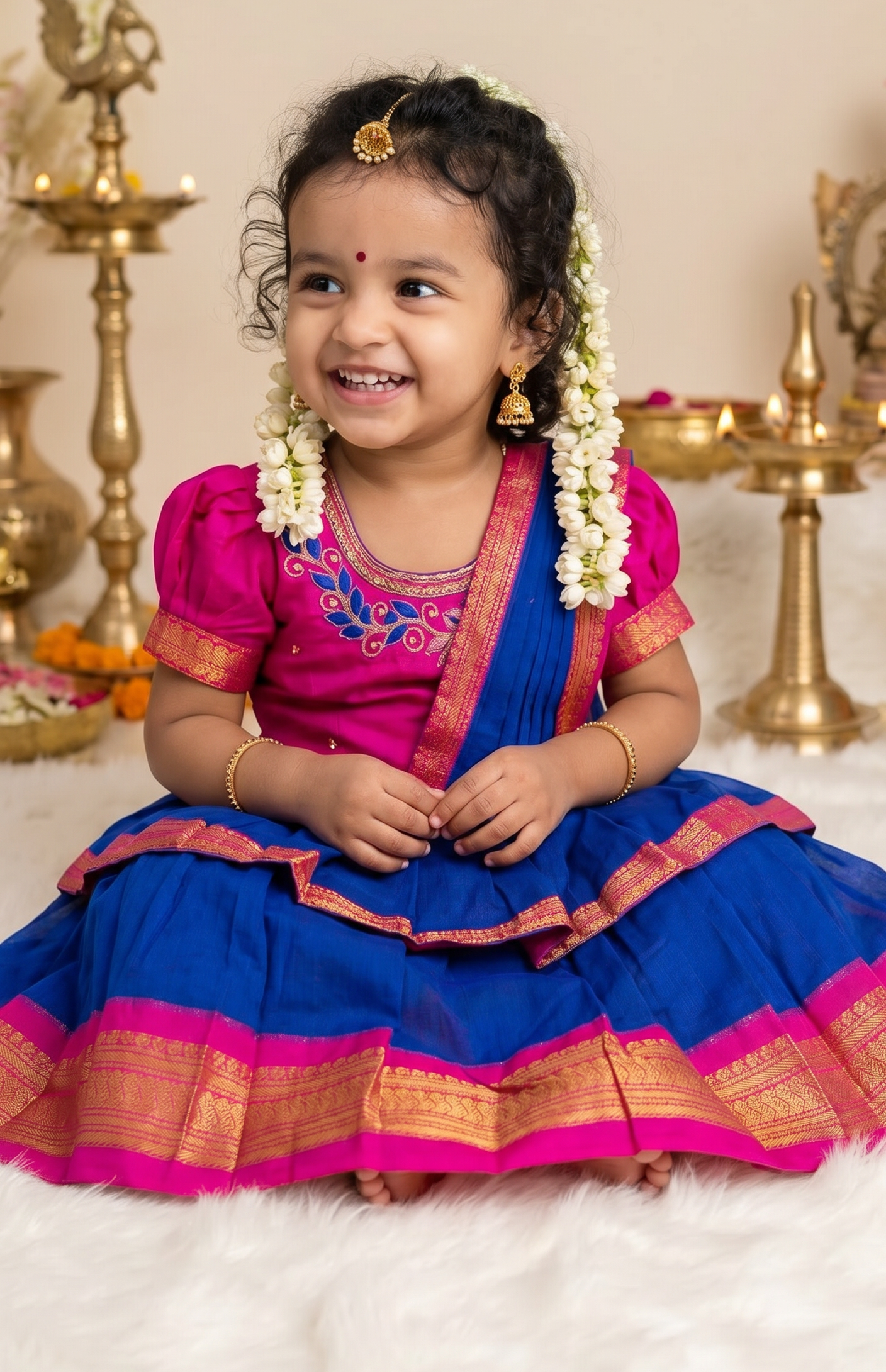 Royal blue with pink traditional Ready to wear saree for Baby Girl / Kids