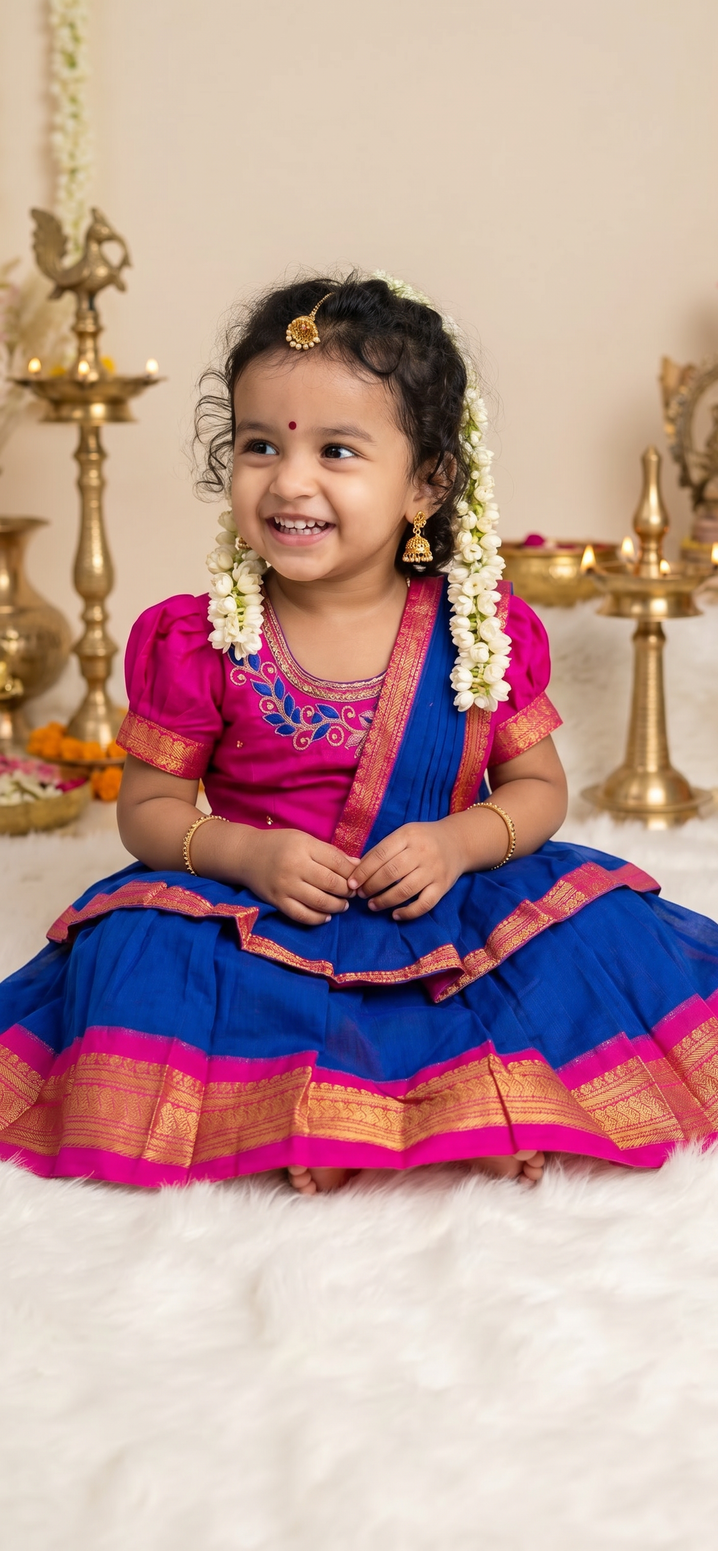 Royal blue with pink traditional Ready to wear saree for Baby Girl / Kids