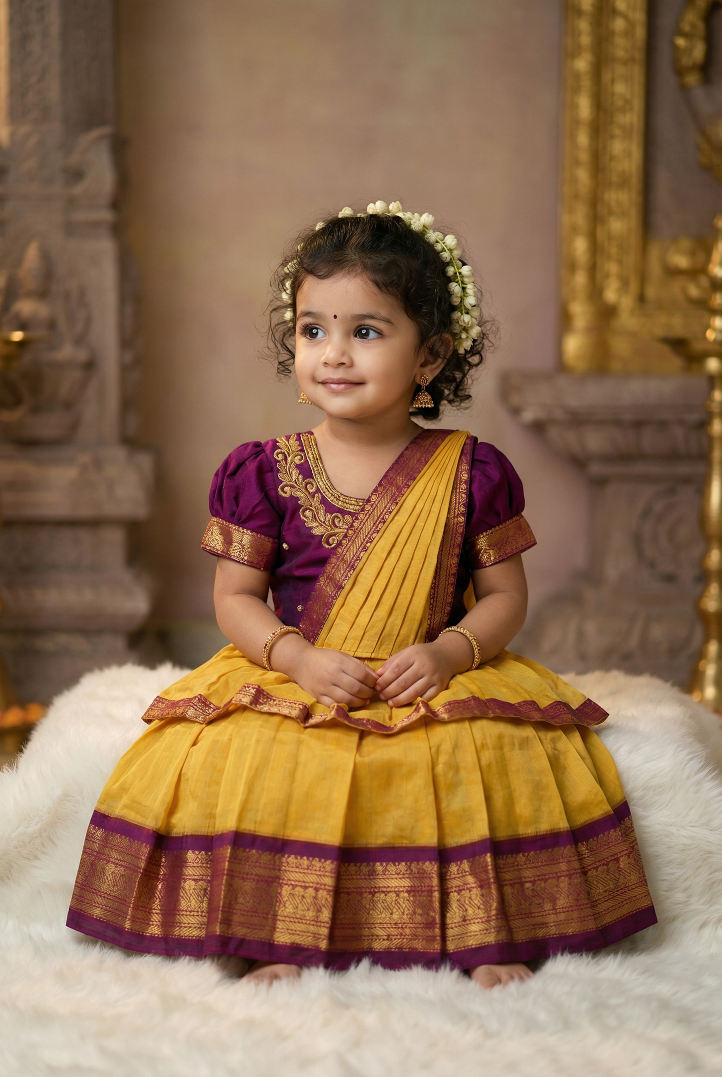 Mustard yellow and wine traditional Ready to wear saree for Baby Girl / Kids