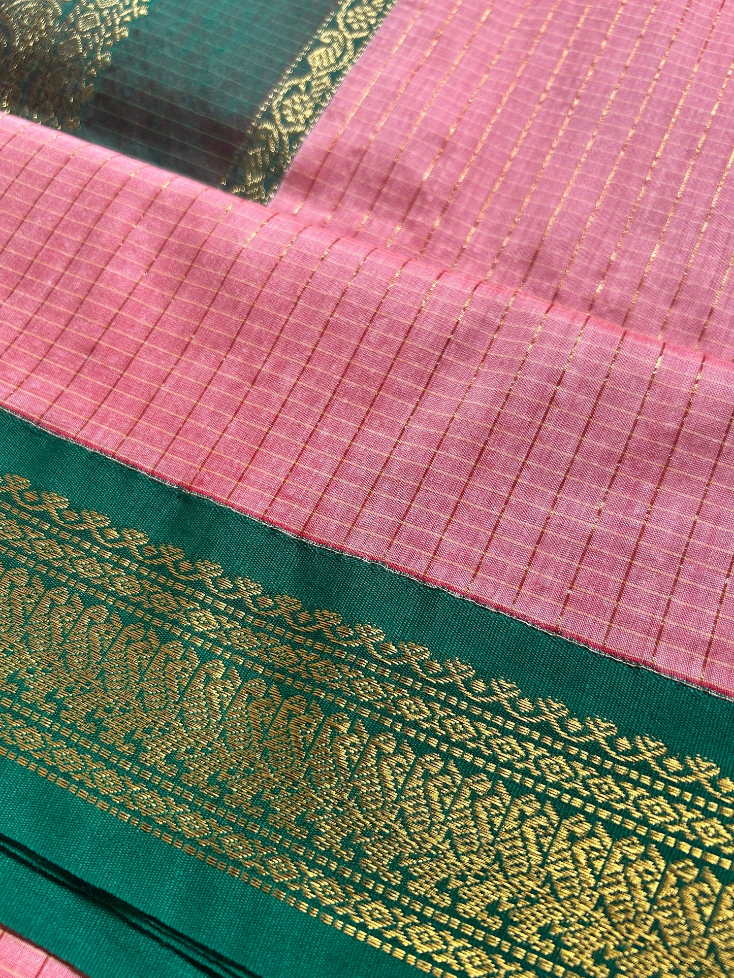 Dusty Pink & Bottle Green Handloom Silk Cotton Saree with Gold Zari Border