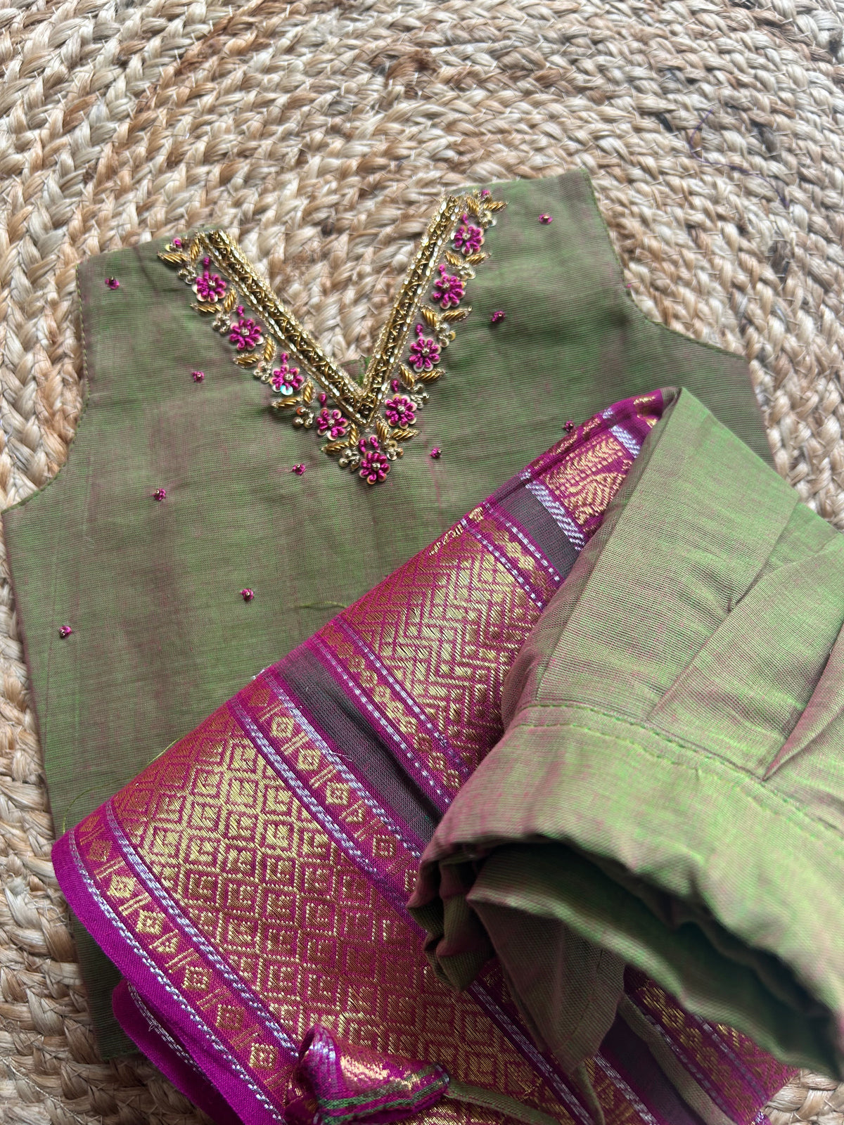 Bhavani - Kanchi border green handloom cotton sleeveless heritage langa blouse for baby girl