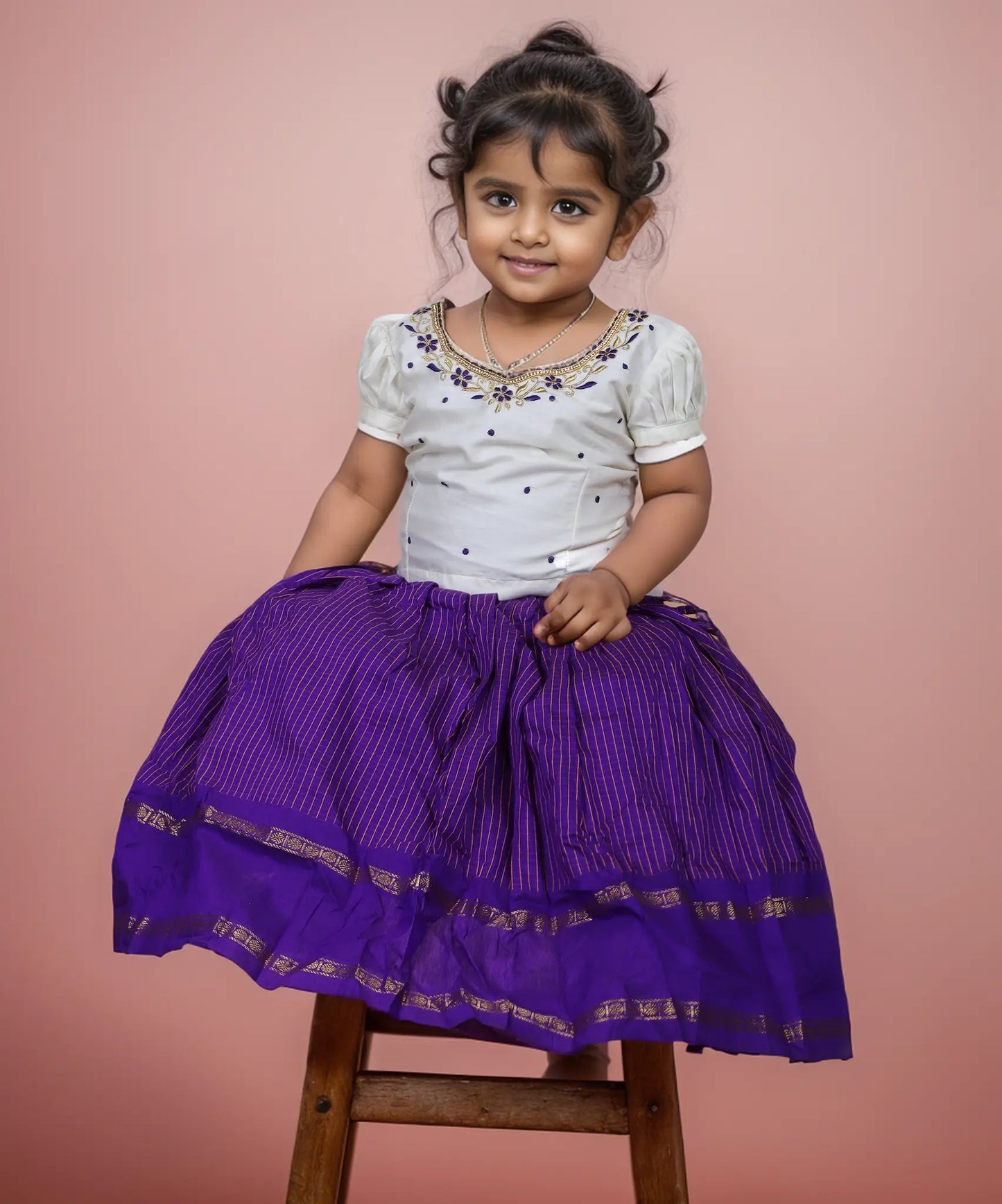 Purple Chequered Pattu Pavadai with White Embroidered Blouse – Traditional Dress for Kids