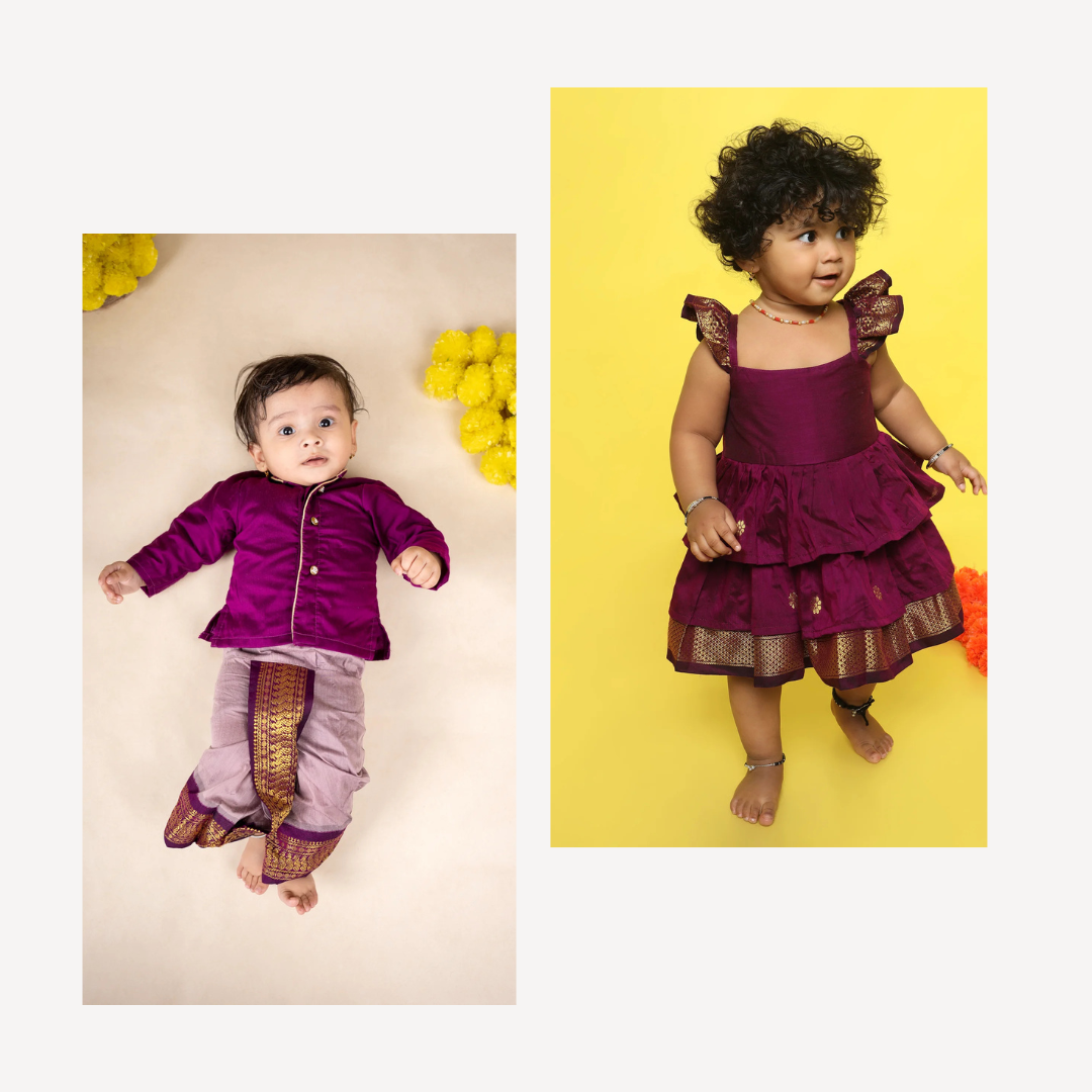 Grape and lavendar sibling combo - ethnic wear for bro and sis twinning set