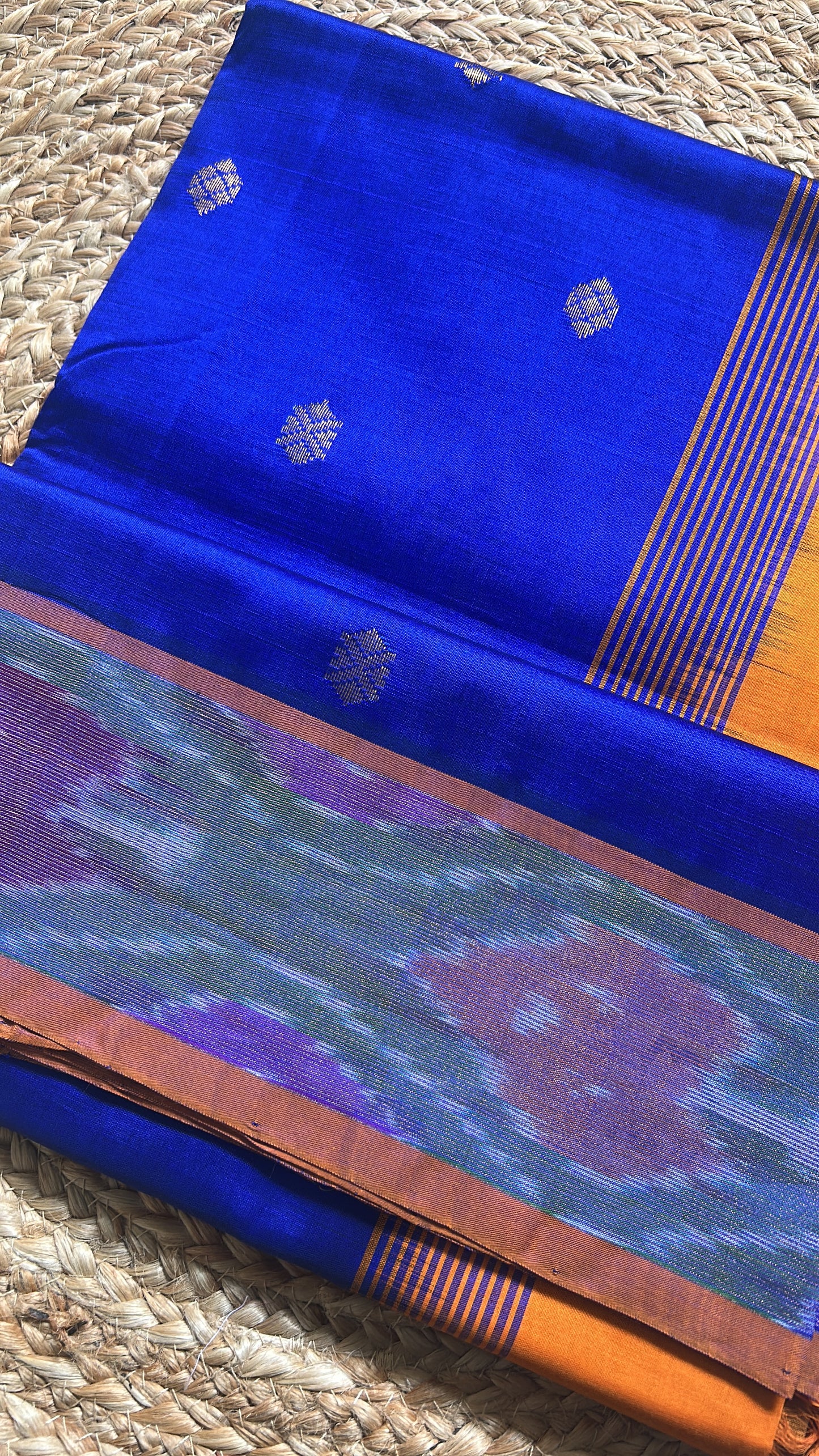 Royal Blue Handloom Silk Cotton Saree with Multicolor Ikat Pallu