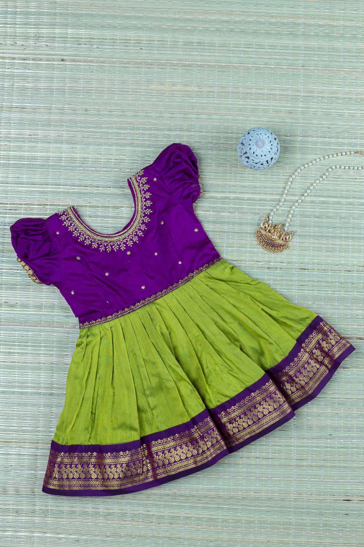 Green and wine - mom and daughter combo set ( frock and saree )