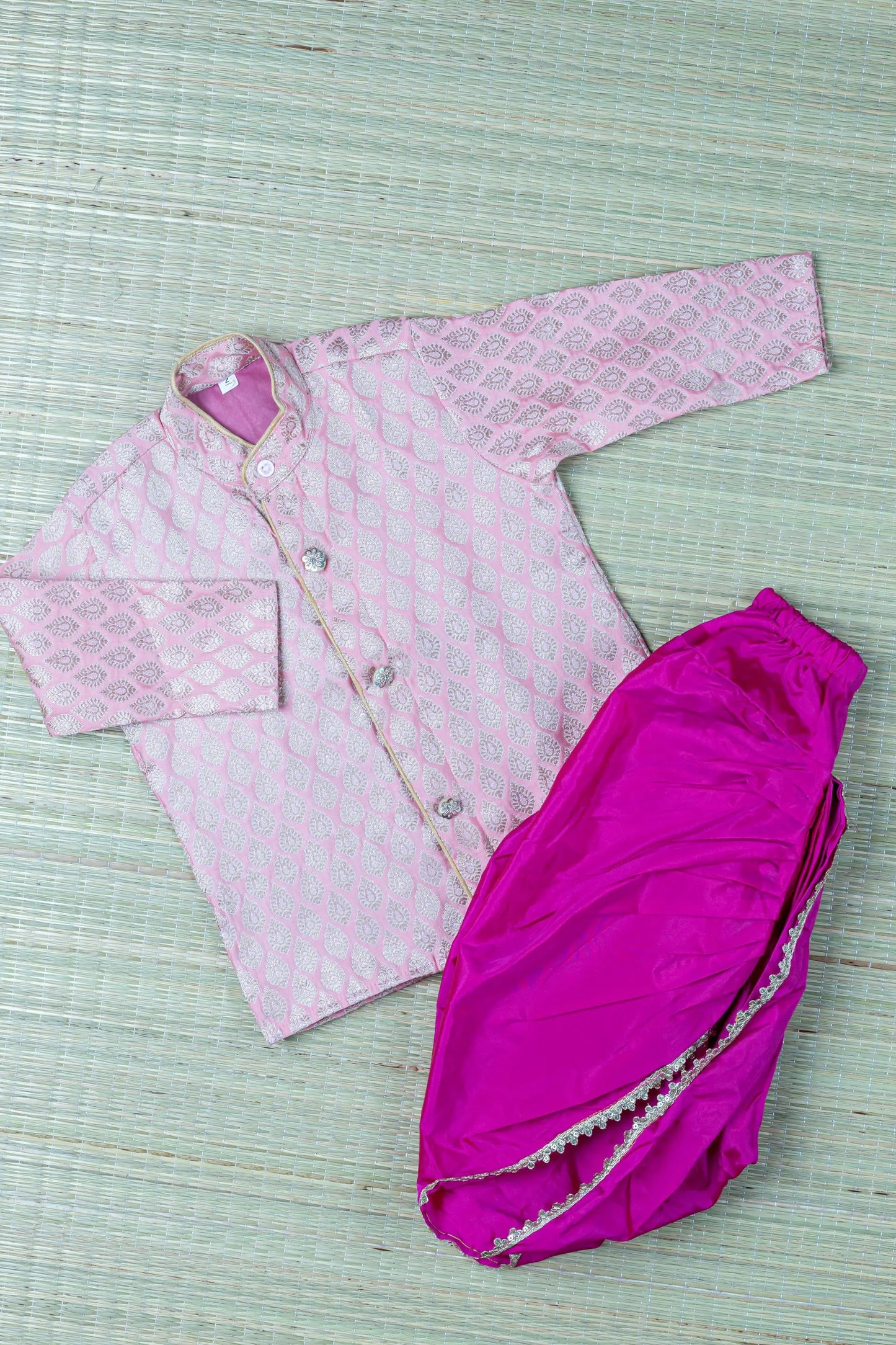 Simple pink and magenta kurta dhoti pure silk set ethnic wear for baby boy