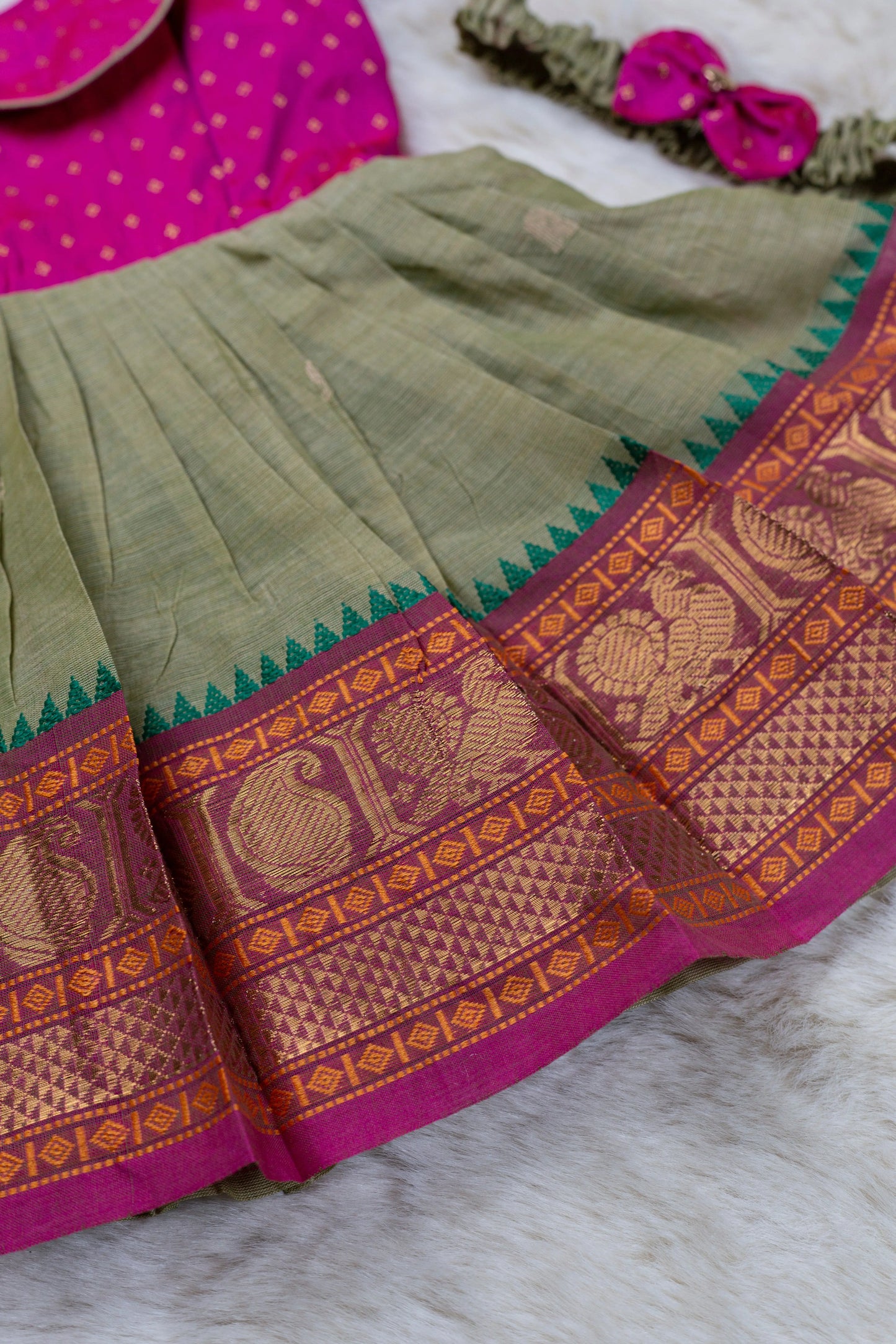 Pink with Saraswati green (Vintage collar) - South Indian Ethnic Frock for Baby Girl