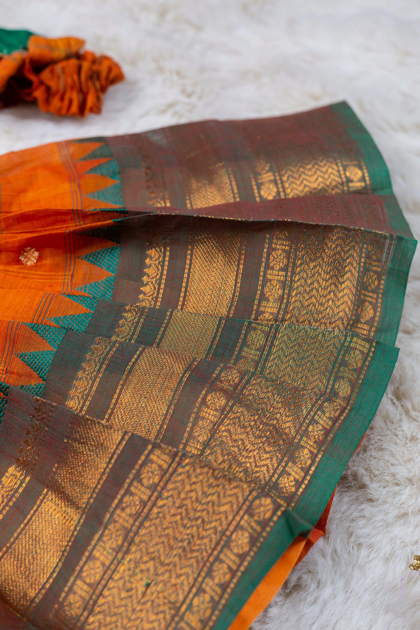 Green and Saffron (Vintage Bow) - Cotton Silk South Indian Ethnic Frock for Baby Girl