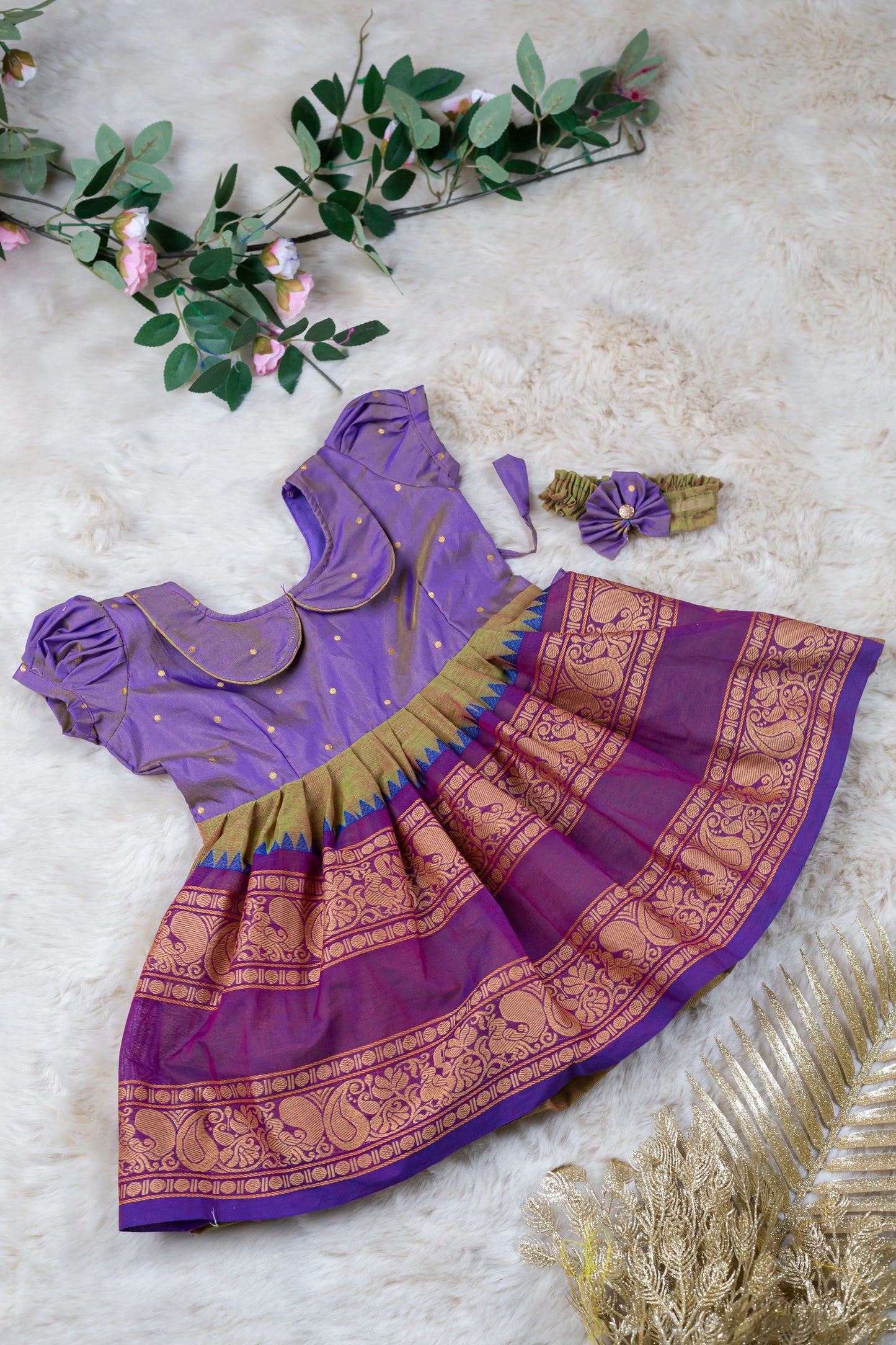 Purple Beauty (Vintage Collar) - Kanchi Cotton Silk South Indian Ethnic Frock for Baby Girl