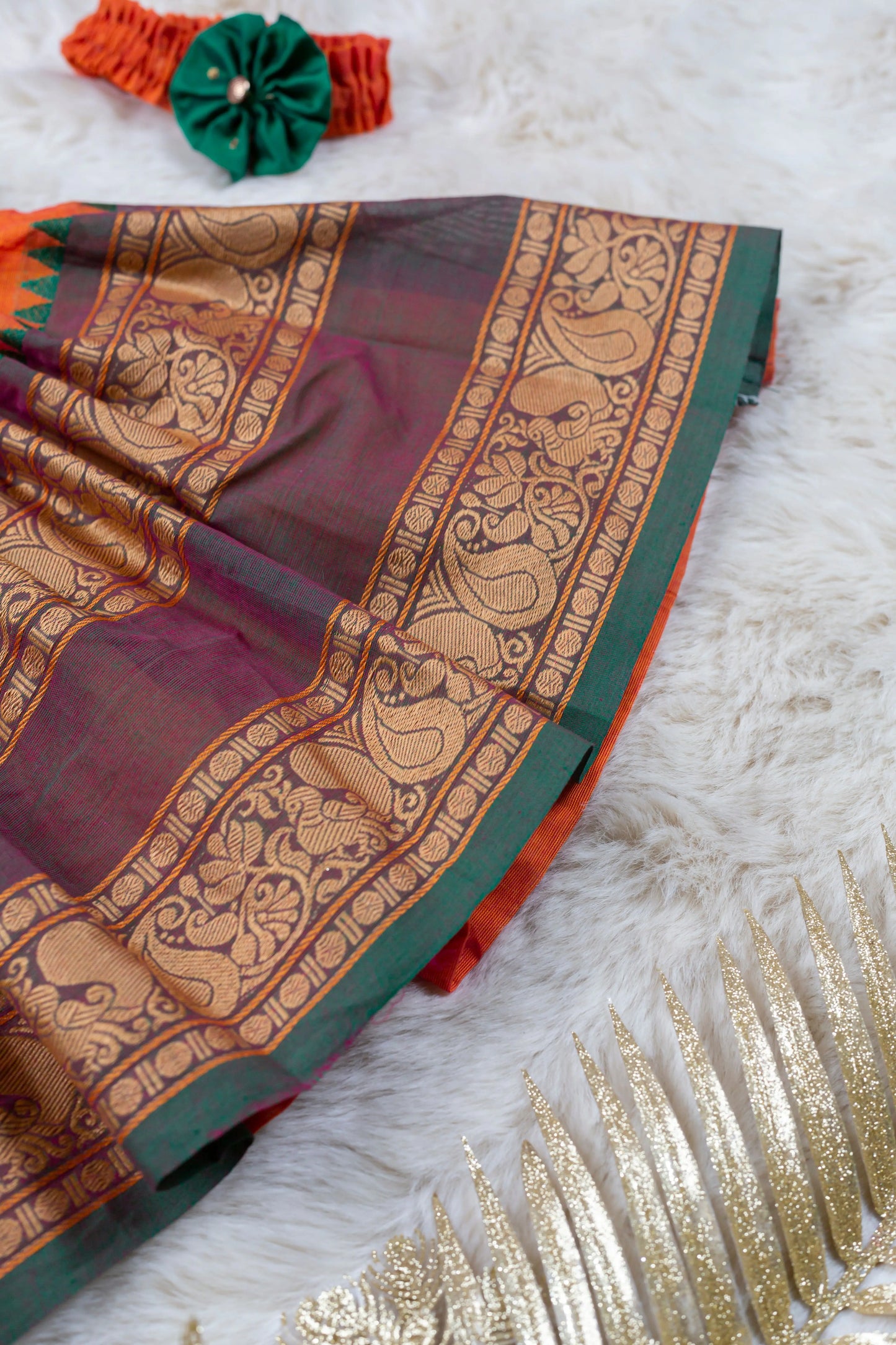 Green with divine orange (Vintage Collar) - Kanchi Cotton Silk South Indian Ethnic Frock for Baby Girl