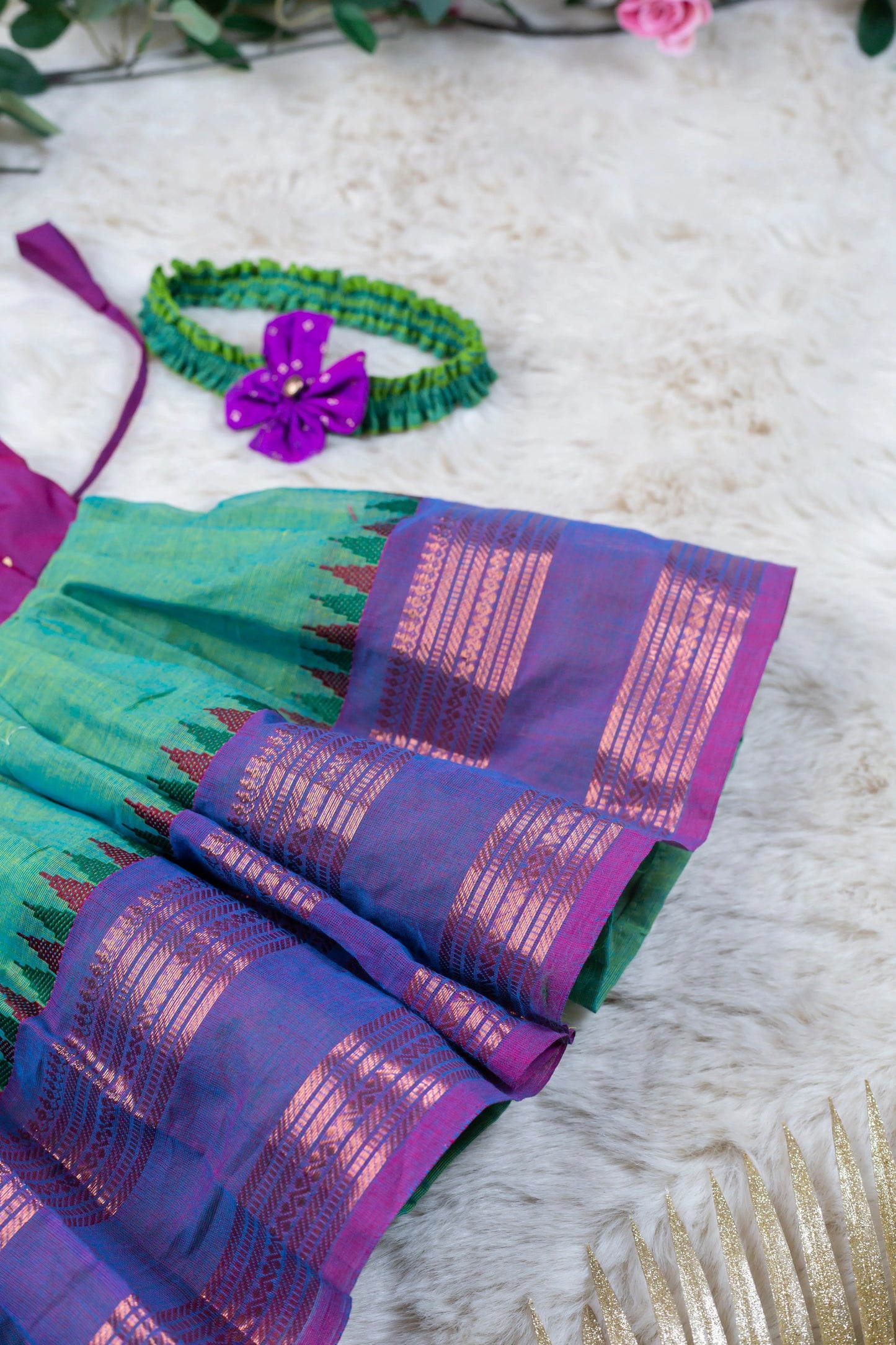 Wine with pleasant green (Vintage Collar) Temple Border - Kanchi Cotton Silk South Indian Ethnic Frock for Baby Girl