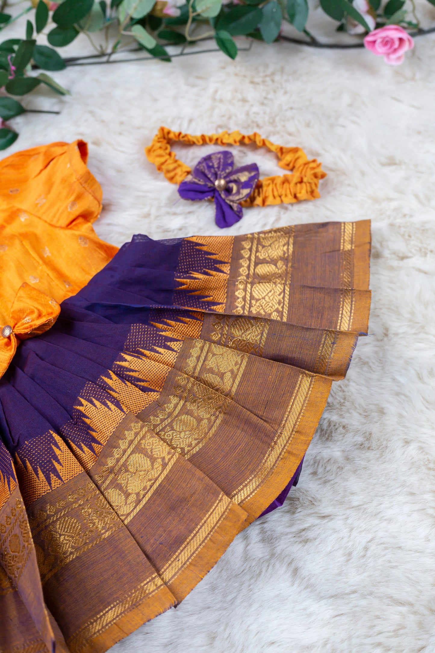 Sunshine yellow with purple - Kanchi Cotton Silk South Indian Ethnic Frock for Baby Girl