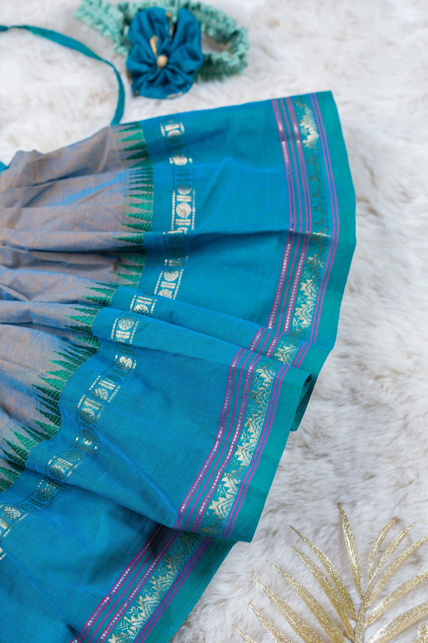 Sky Blue with Grey (Vintage Collar) - Kanchi Cotton Silk South Indian Ethnic Frock for Baby Girl