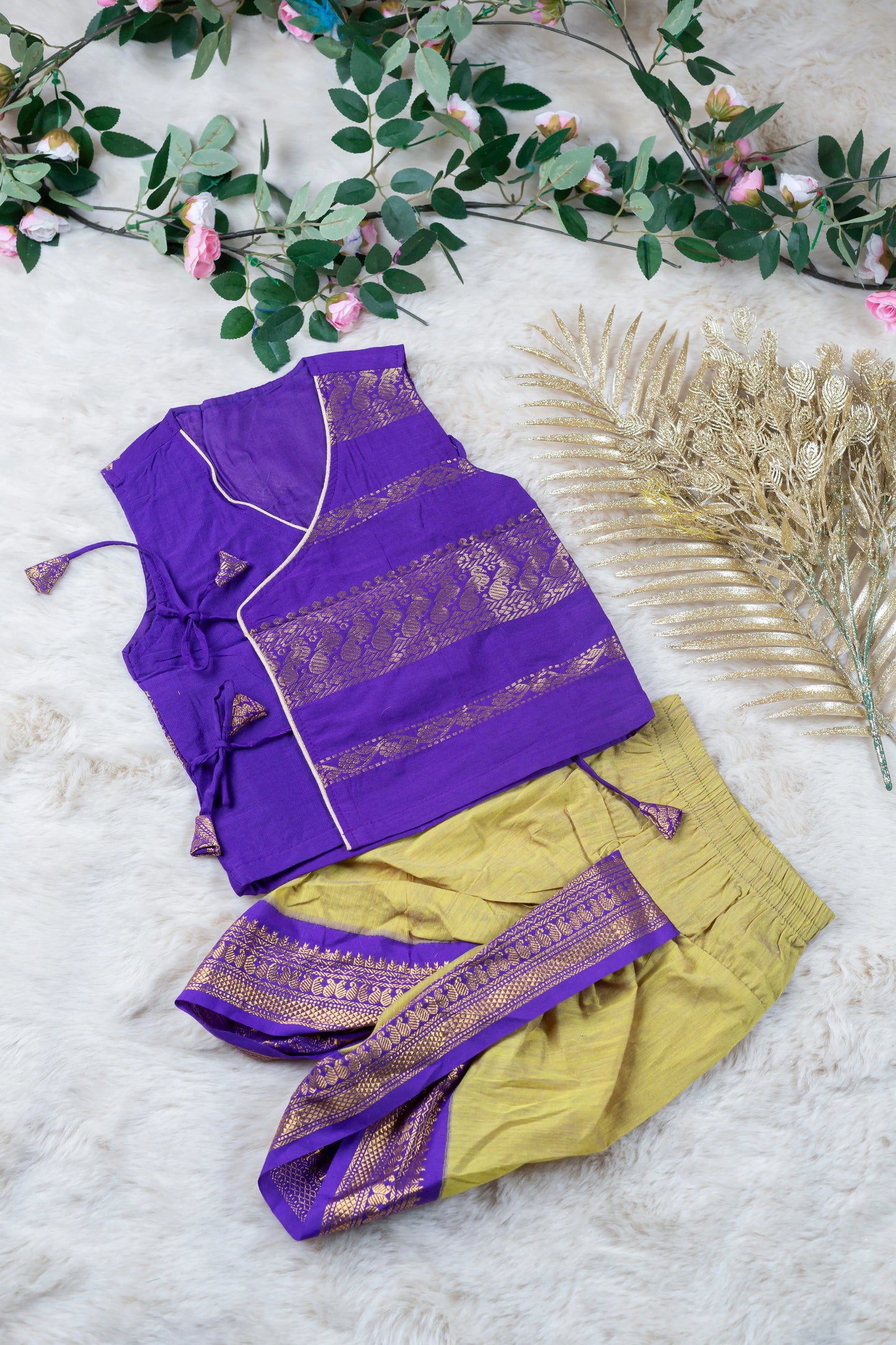 Purple and nature green - Angrakha kurta dhoti ethnic wear(Sleeveless) for baby boy