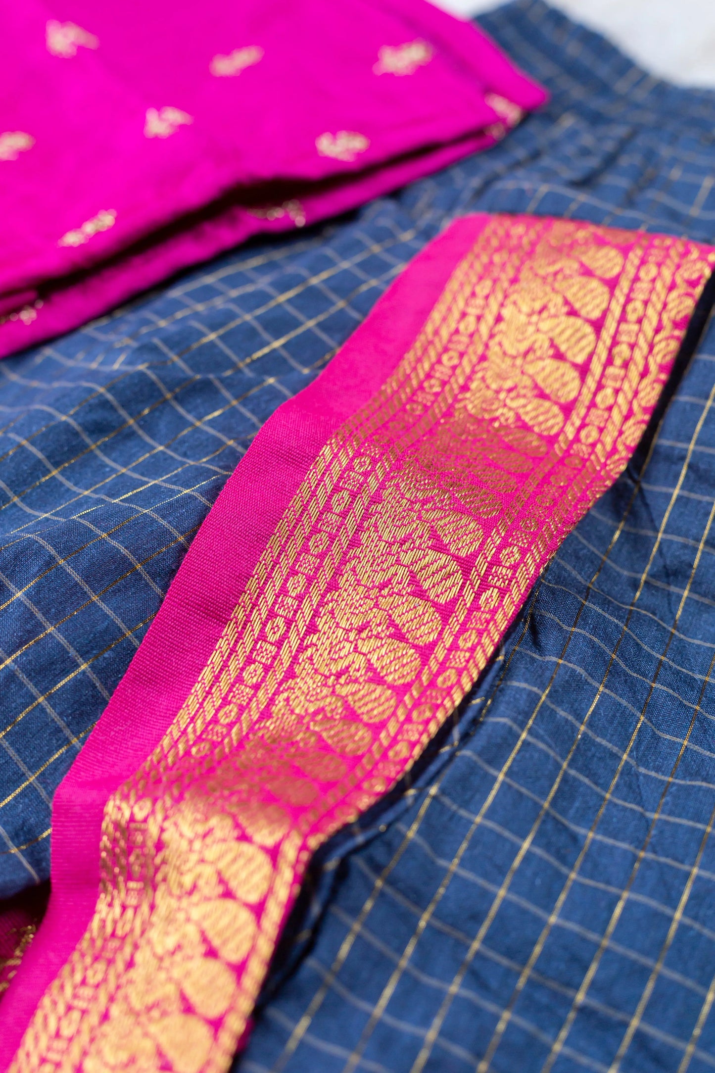 Pink with checked blue - kurta dhoti ethnic wear for baby boy