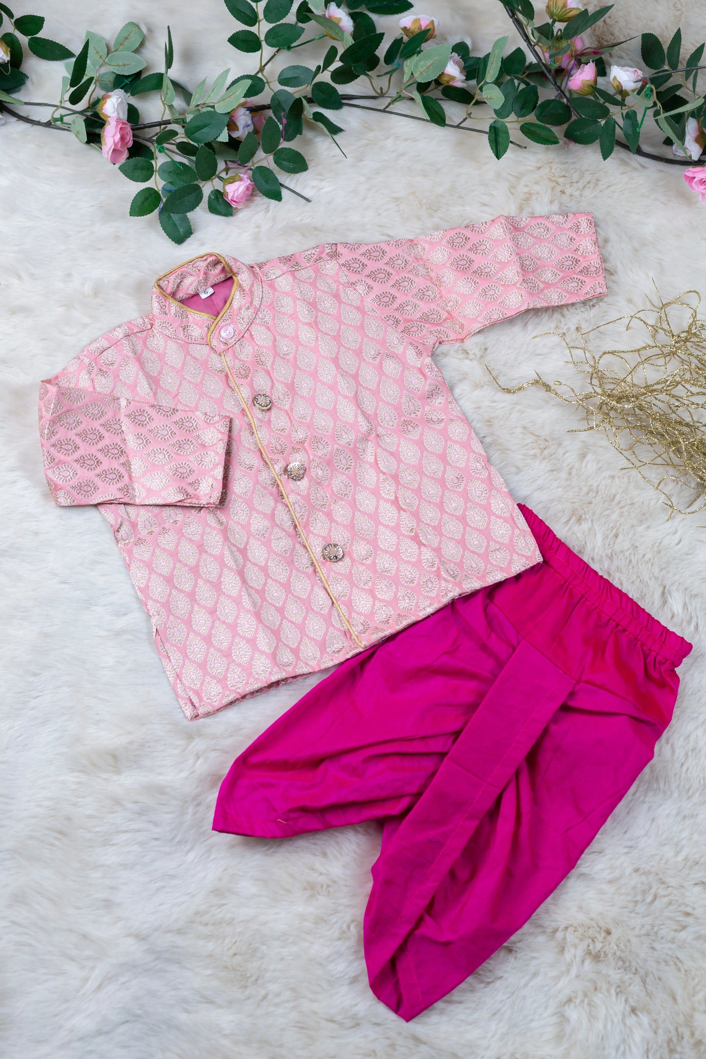 Simple pink and magenta kurta dhoti pure silk set ethnic wear for baby boy
