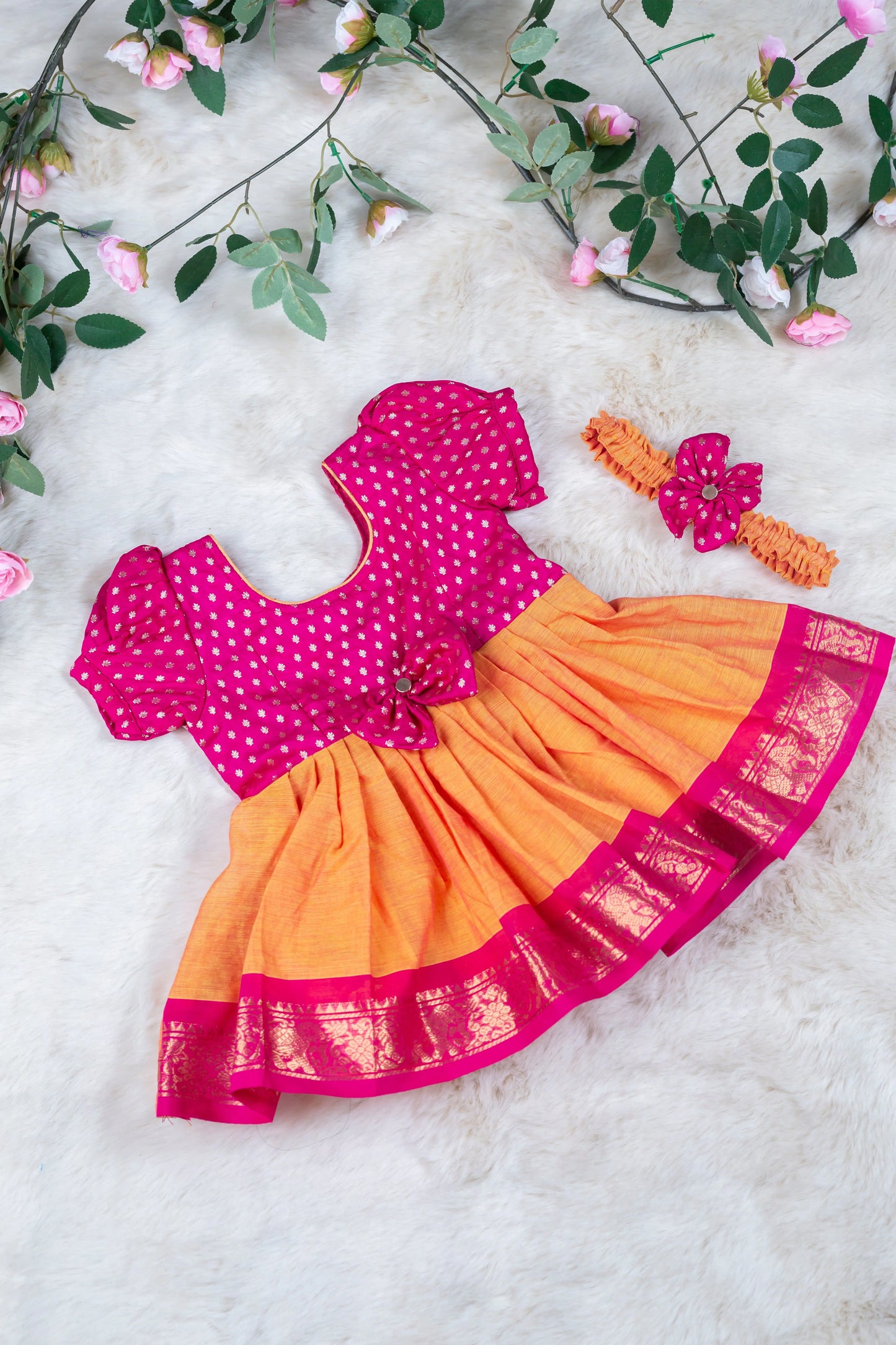 Saffron orange with pink (Vintage Bow) - Kanchi Cotton Silk South Indian Ethnic Frock for Baby Girl