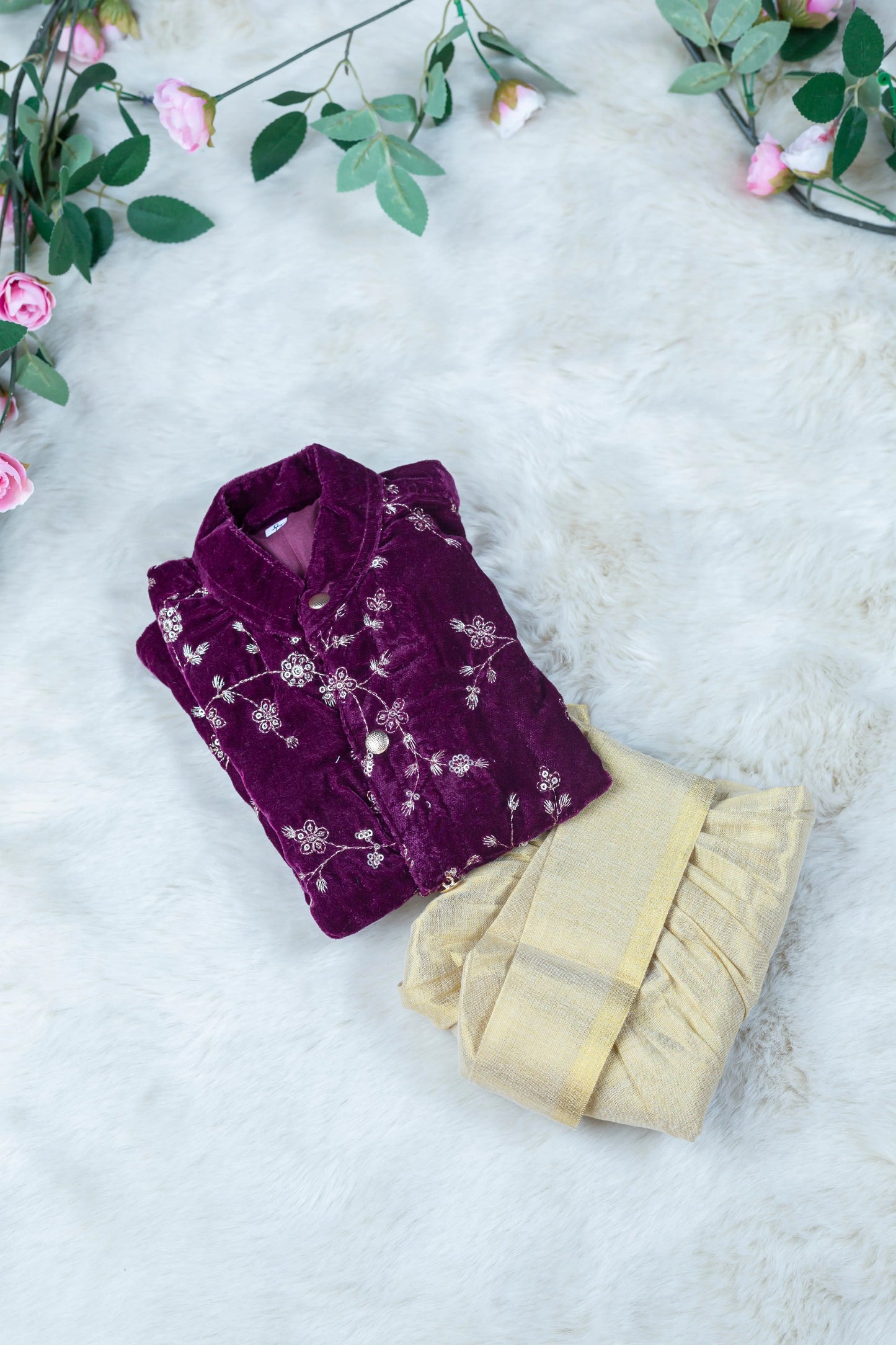 Deep Wine Velvet and Gold Dhoti Kurta for Boys and Baby Boys