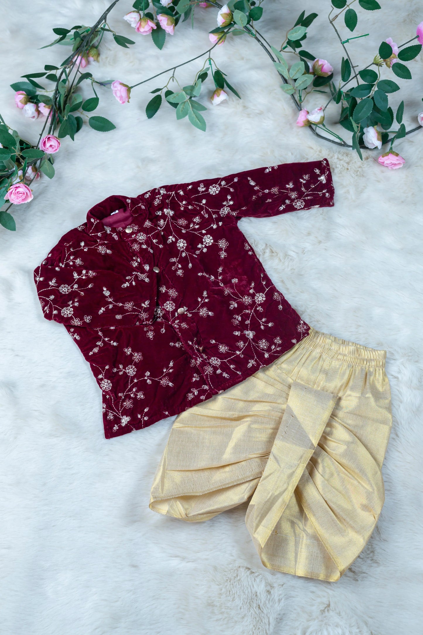 Dhoti Kurta for Baby Boy – Maroon Velvet Embroidered Kurta with Gold Tissue Silk Dhoti