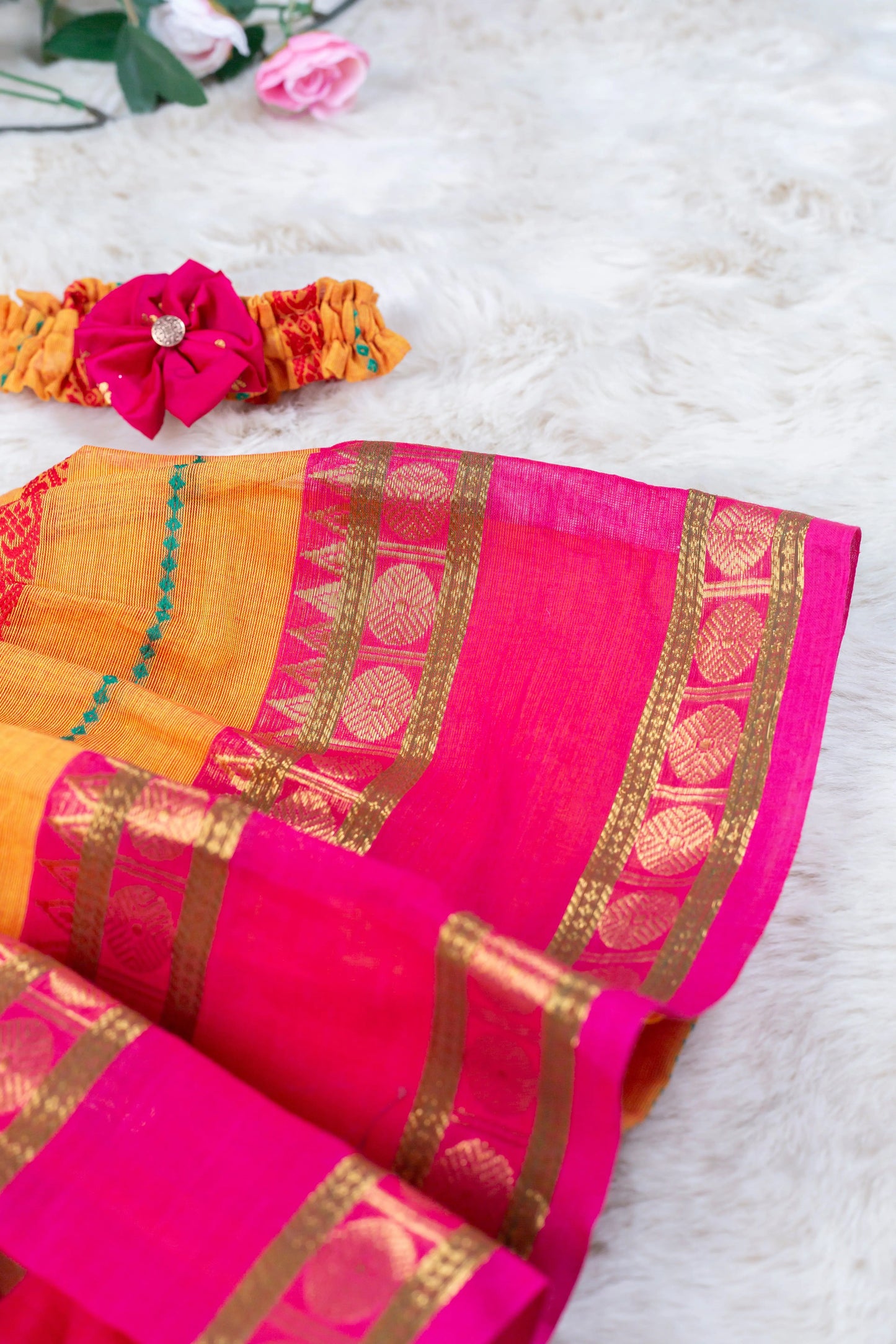 Beautiful Yellow and pink (Vintage Collar) - Kanchi Cotton Silk South Indian Ethnic Frock for Baby Girl