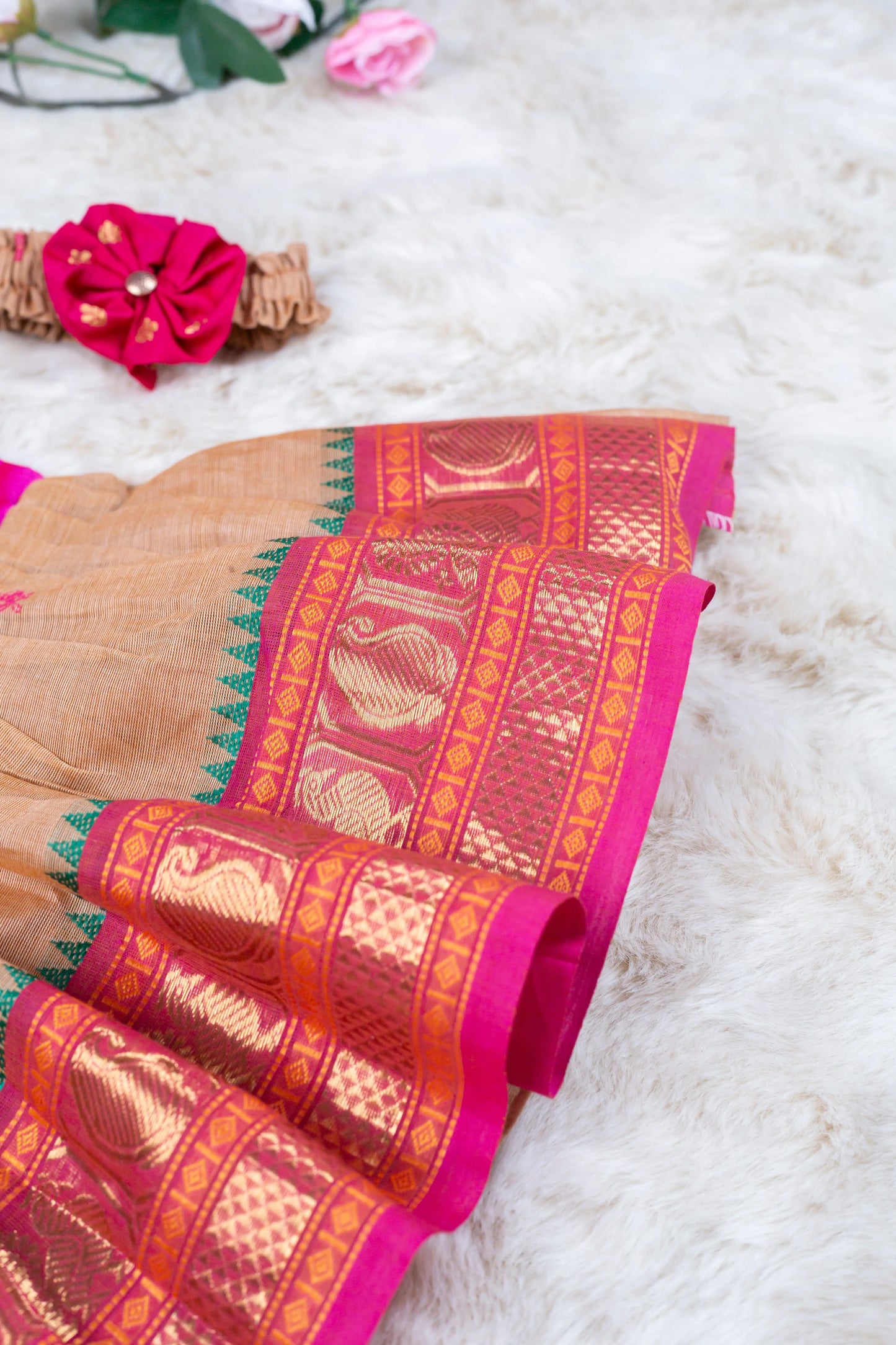 Pink with golden hue (Vintage Bow) - Kanchi Cotton Silk South Indian Ethnic Frock for Baby Girl