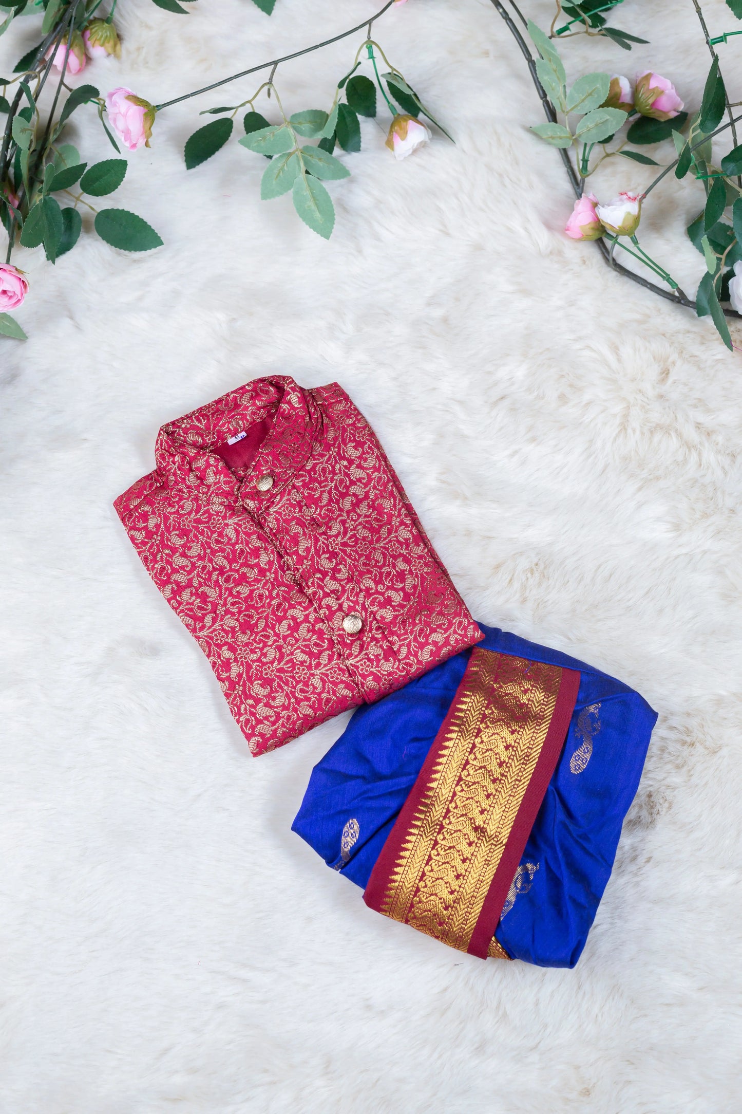 Maroon with royal blue kurta dhoti ethnic wear for baby boy