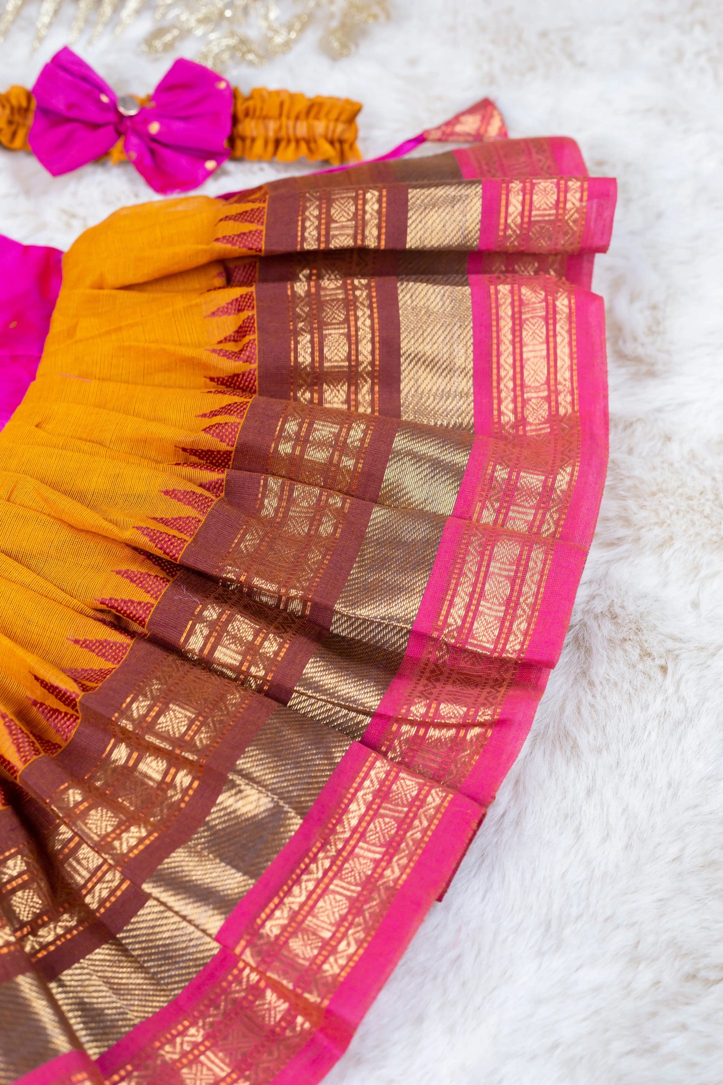 Pink with Saffron Multicolor Border - Kanchi Cotton Silk South Indian Ethnic Frock for Baby Girl