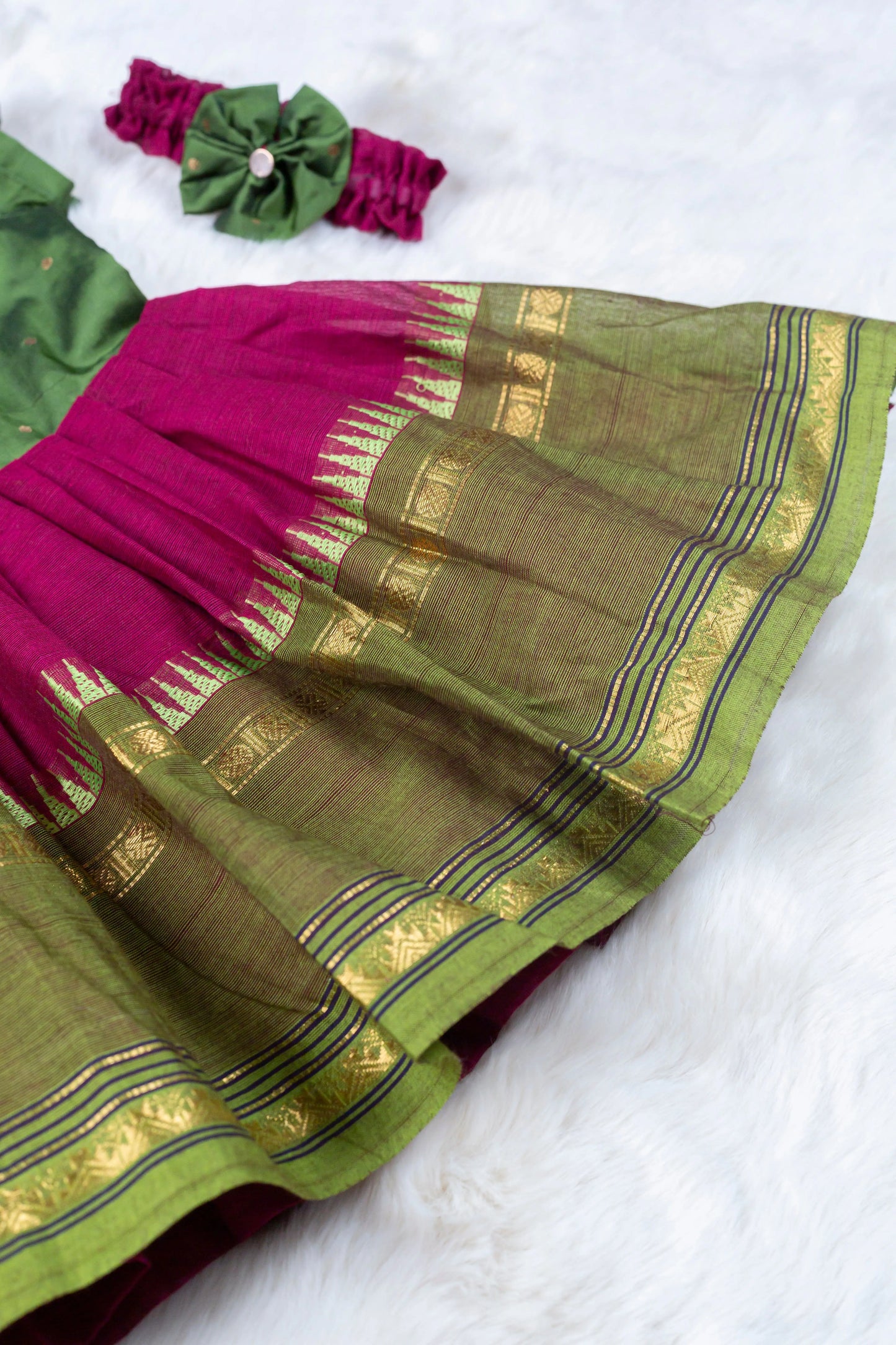 Mehendi Green with Wine (Vintage Collar) - Kanchi Cotton Silk South Indian Ethnic Frock for Baby Girl
