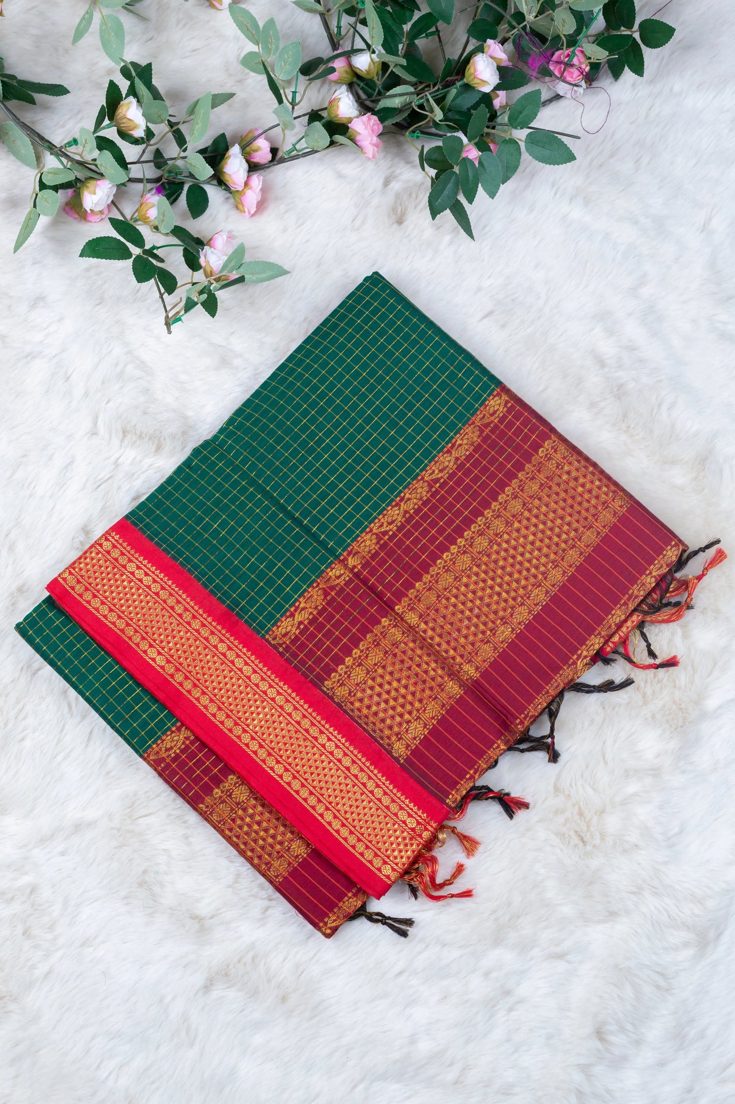 Bottle Green with Red - Premium Cotton Silk Saree with Contrast Blouse