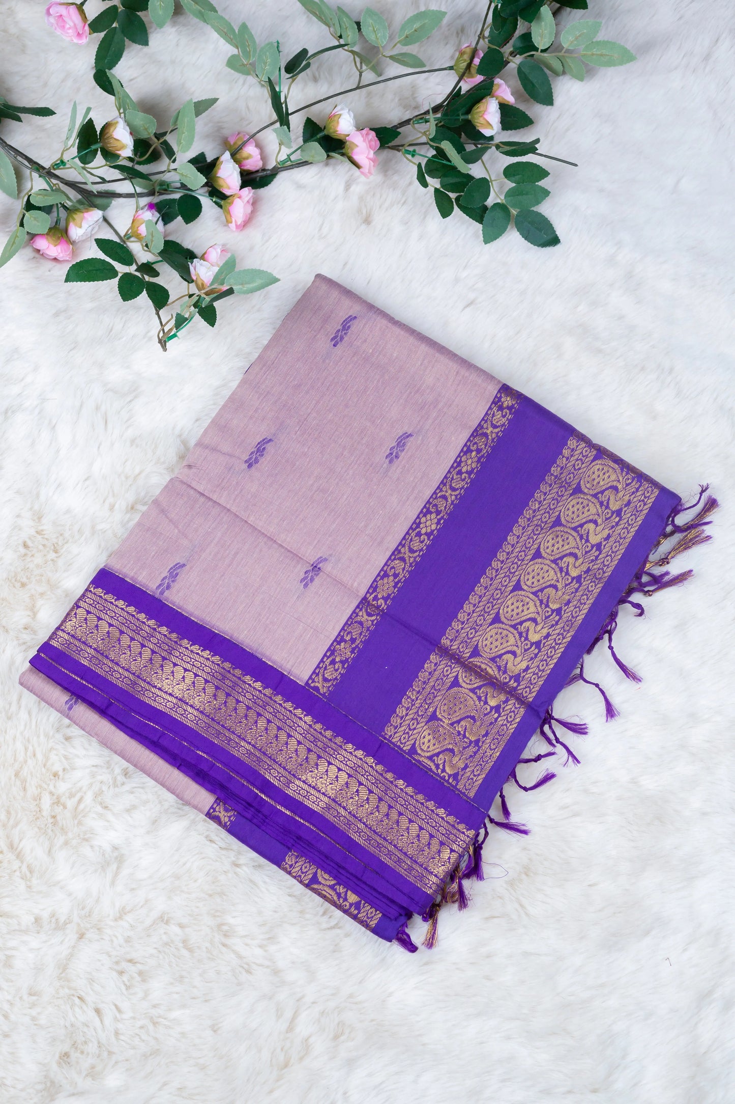 Purple and Greyish Lavender - Premium Cotton Silk Saree with Contrast Blouse