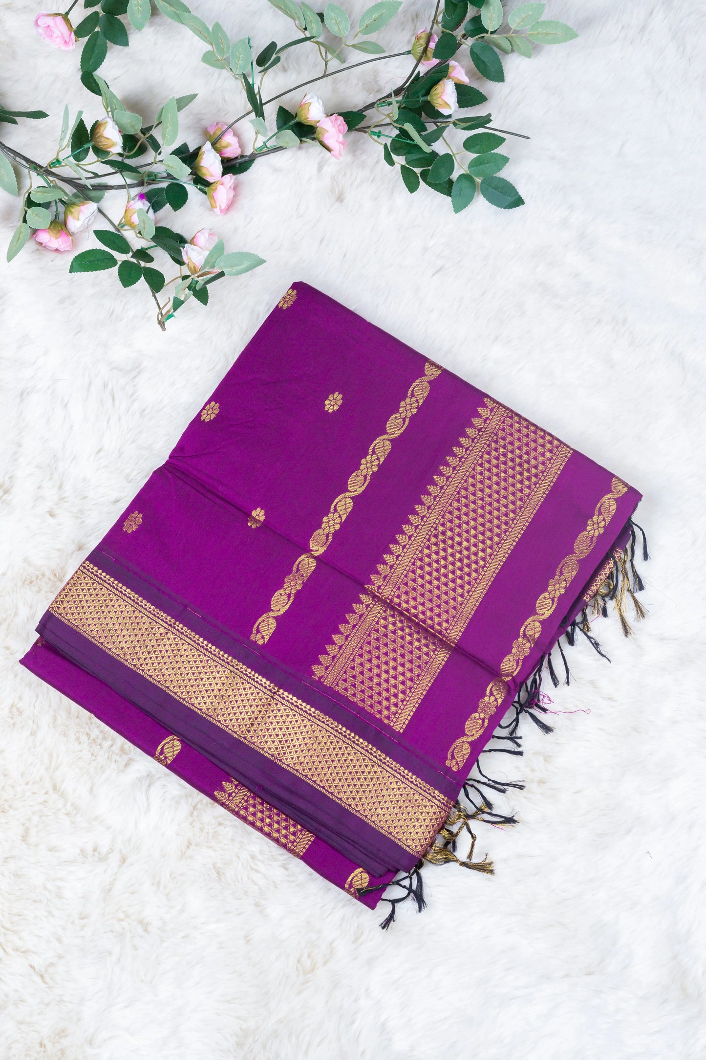 Wine with gold zari border - Premium Cotton Silk Saree with Contrast Blouse