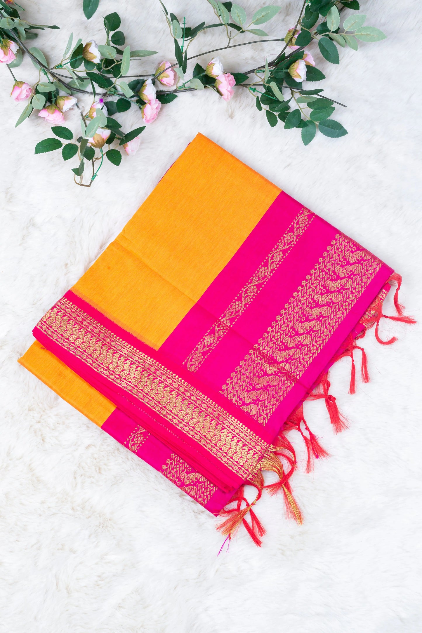 Orange and Magenta - Premium Cotton Silk Saree with Contrast Blouse