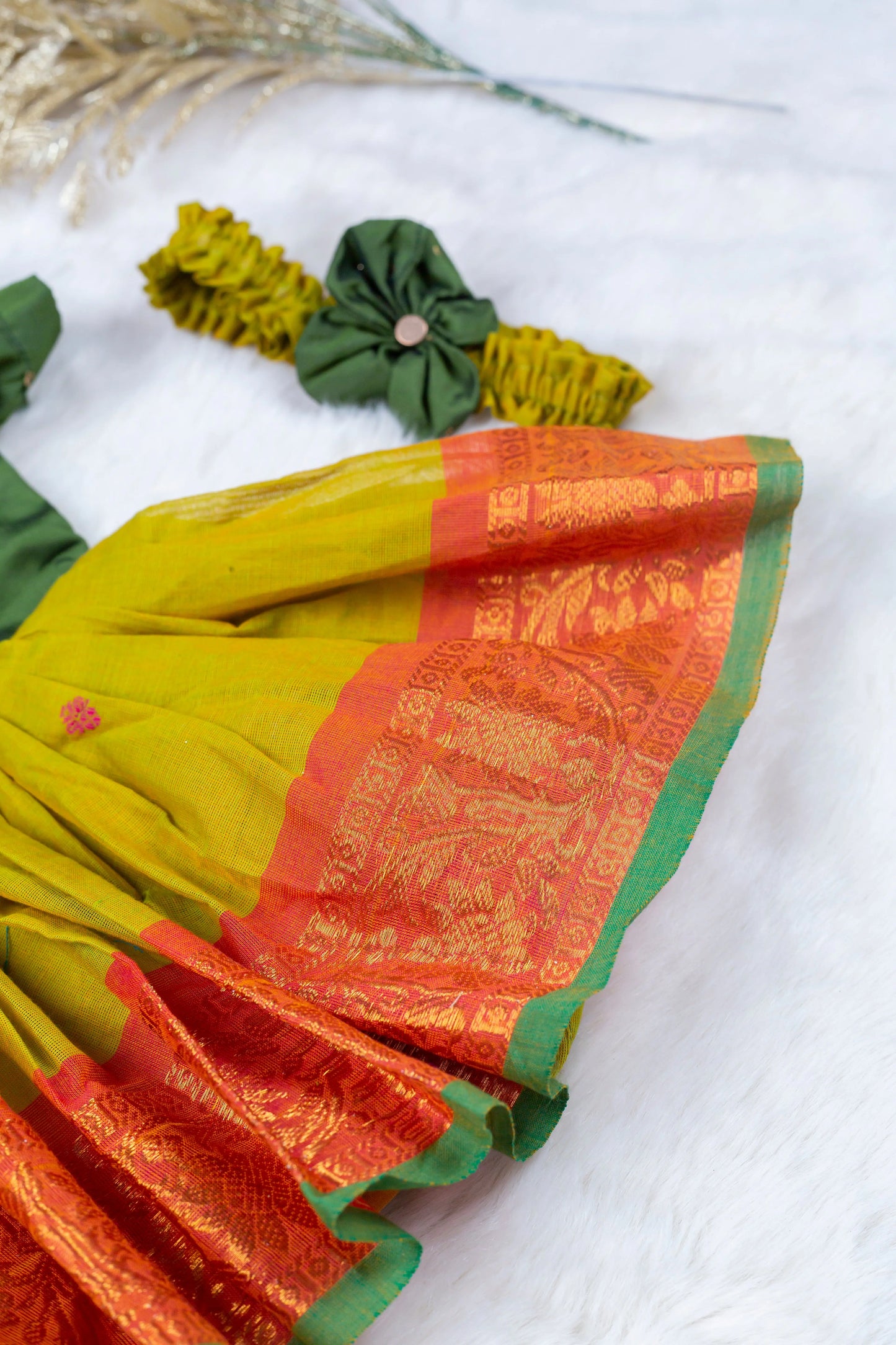 Mehendi Green with Mustard Yellow (Vintage Bow) - Kanchi Cotton Silk South Indian Ethnic Frock for Baby Girl