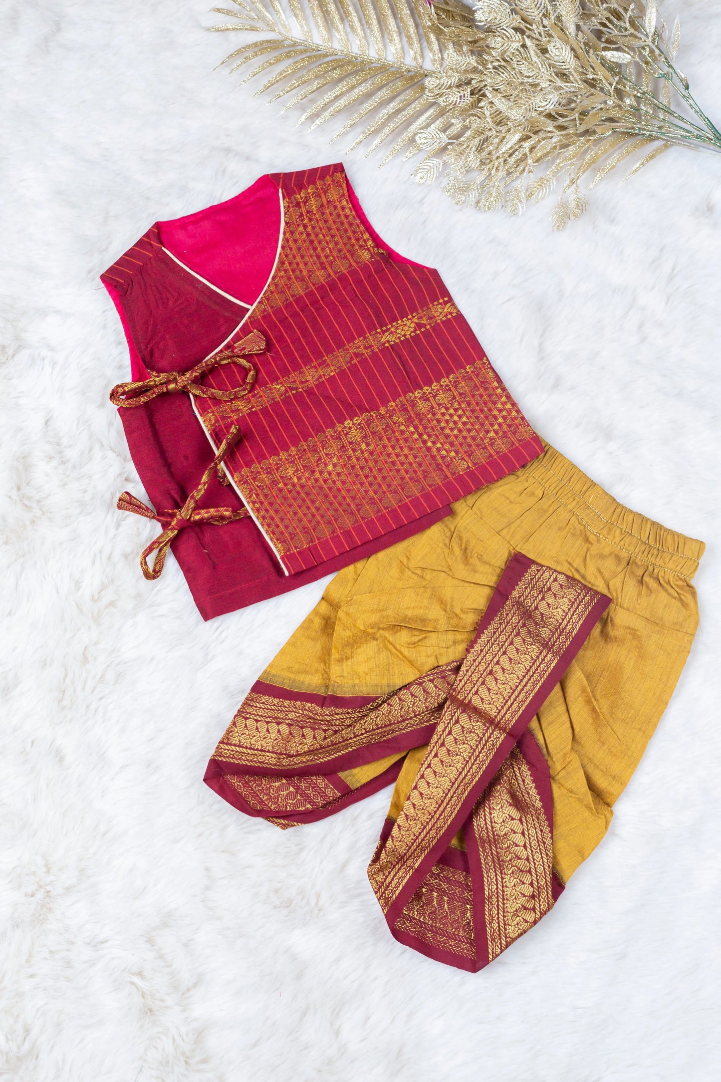 Maroon and mustard yellow - Angrakha kurta dhoti ethnic wear(Sleeveless) for baby boy