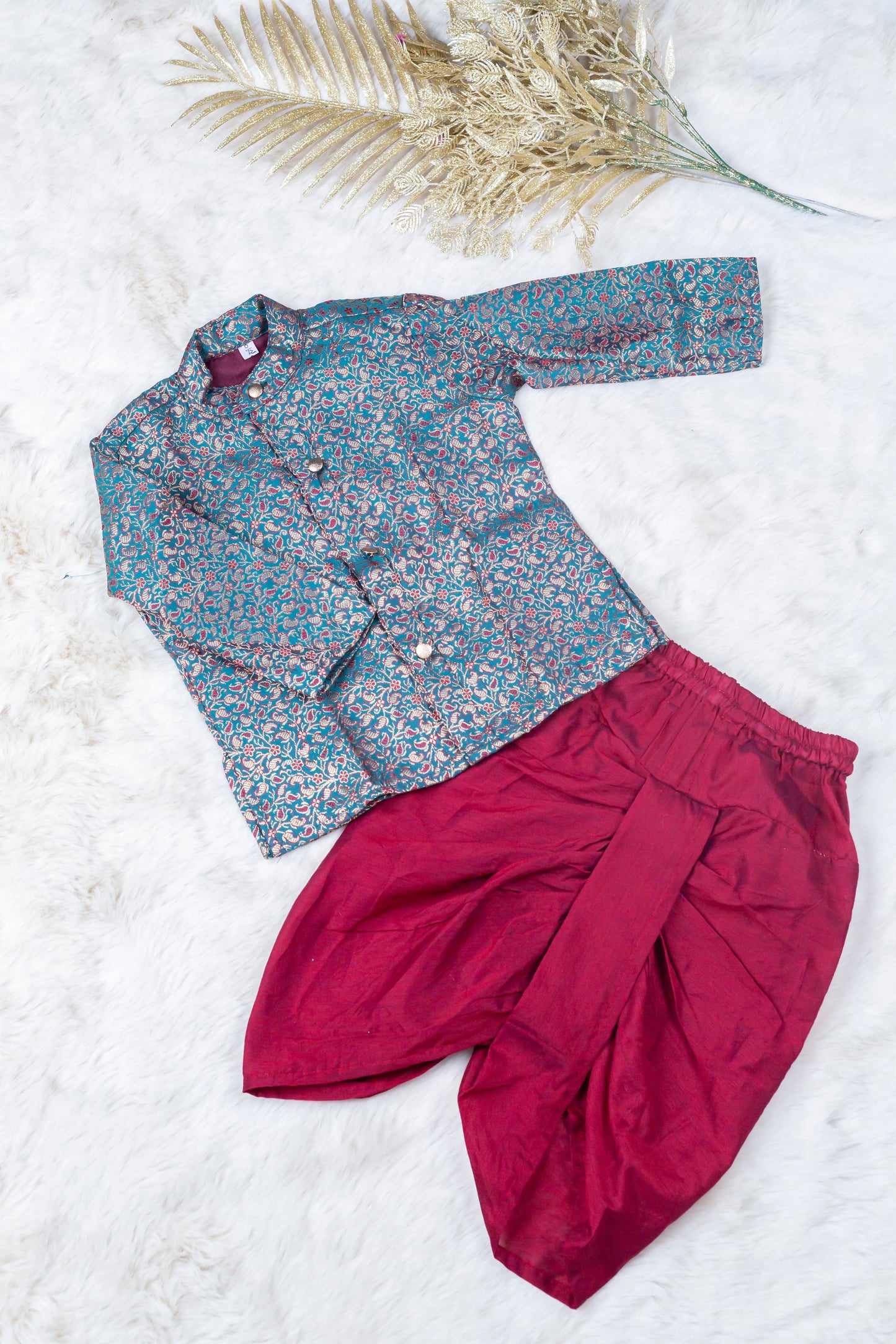 Greyish Blue with maroon thread work kurta and maroon dhoti ethnic wear for baby boy
