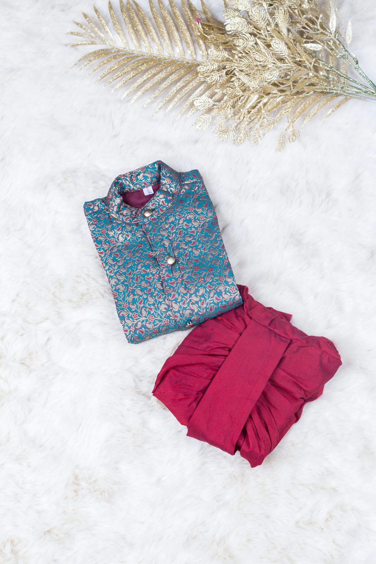 Greyish Blue with maroon thread work kurta and maroon dhoti ethnic wear for baby boy