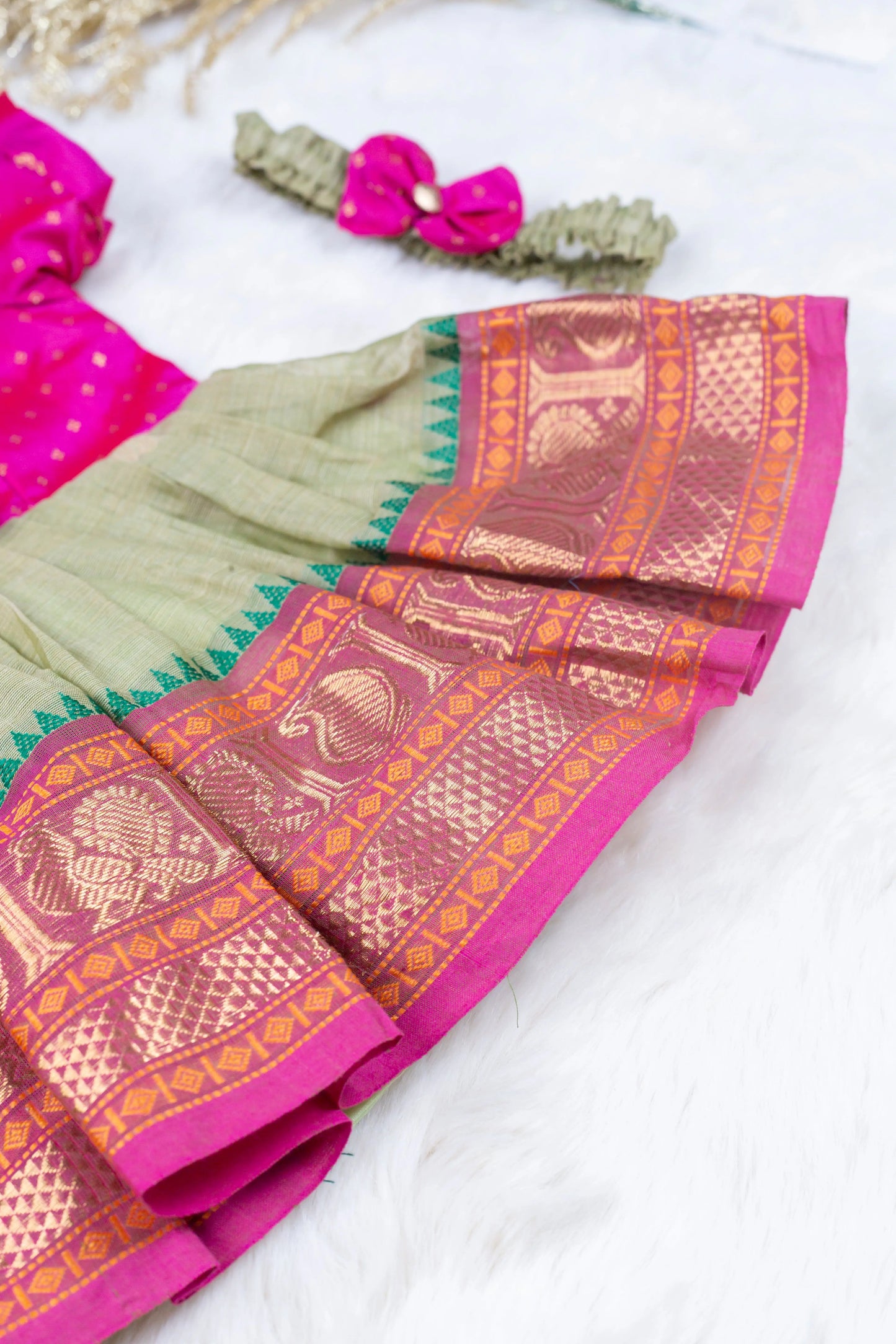 Pink with saraswati green (Vintage Bow) - Kanchi Cotton Silk South Indian Ethnic Frock for Baby Girl